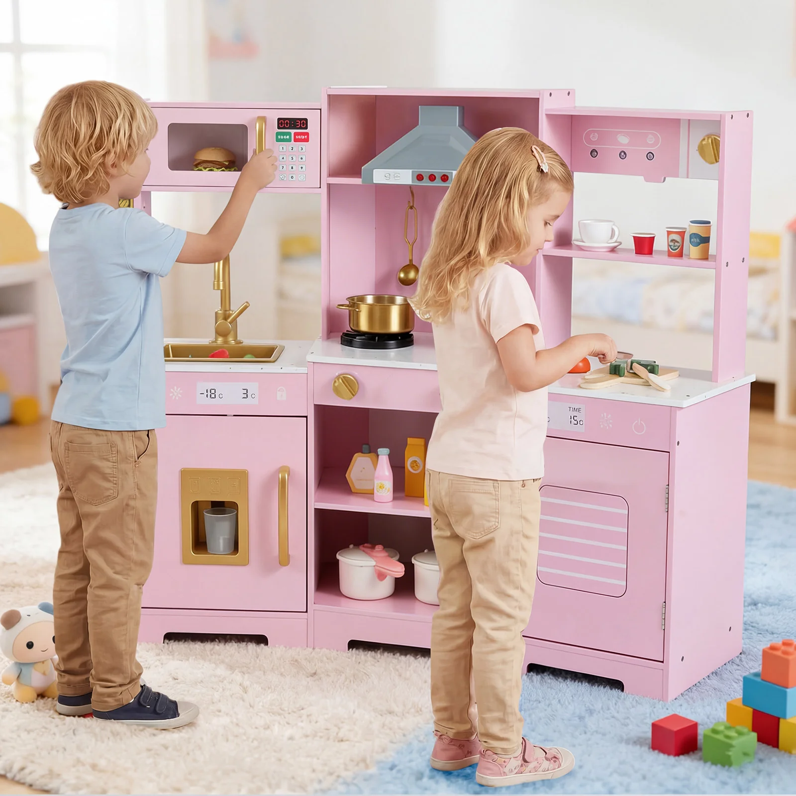 Pretend Play Kitchen Wooden Toy Set with Range Hood Real Sounds and Lights, Pink - Image 2