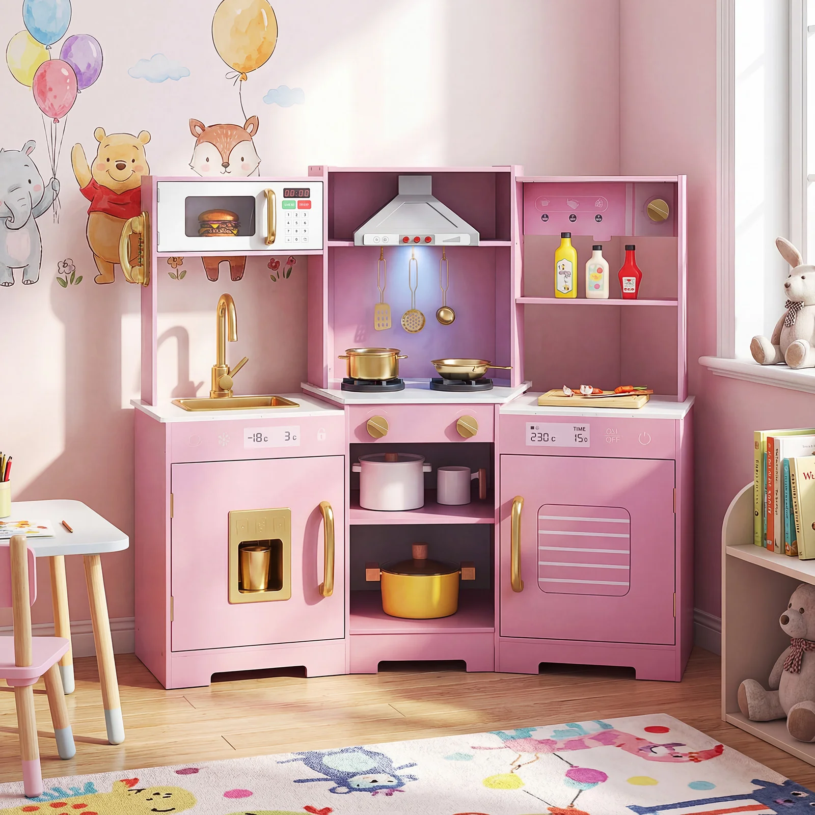 Pretend Play Kitchen Wooden Toy Set with Range Hood Real Sounds and Lights, Pink - Image 3
