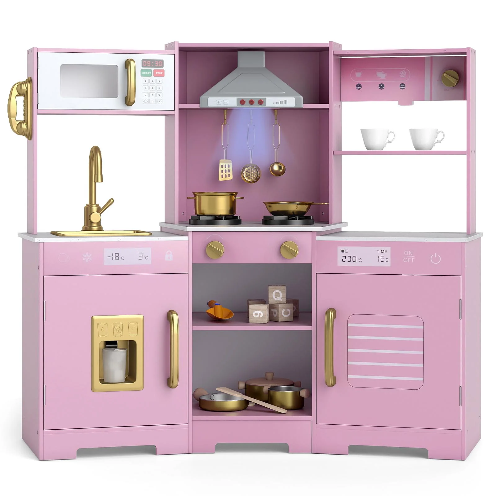 Pretend Play Kitchen Wooden Toy Set with Range Hood Real Sounds and Lights, Pink - Image 4