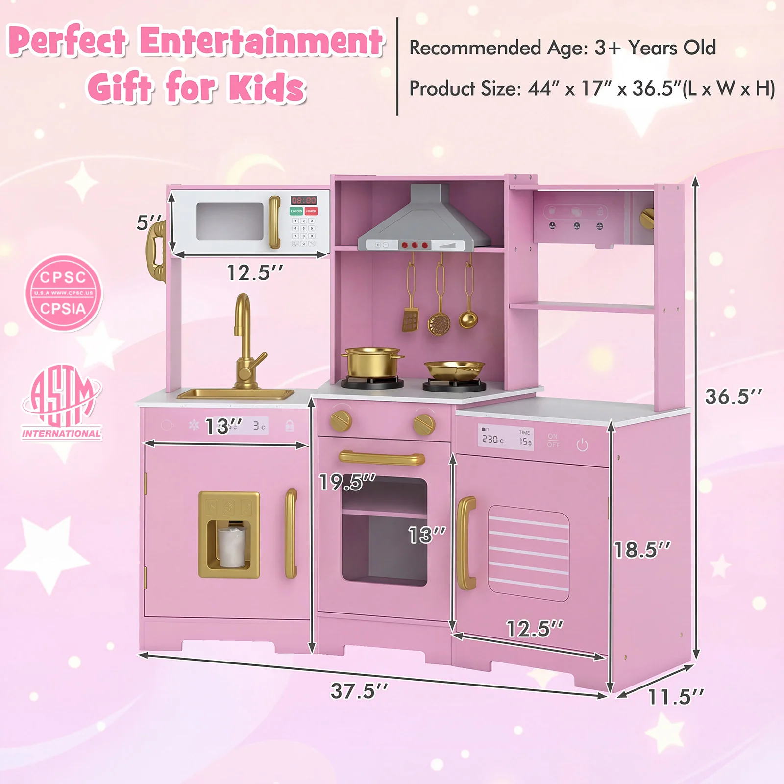 Pretend Play Kitchen Wooden Toy Set with Range Hood Real Sounds and Lights, Pink - Image 5