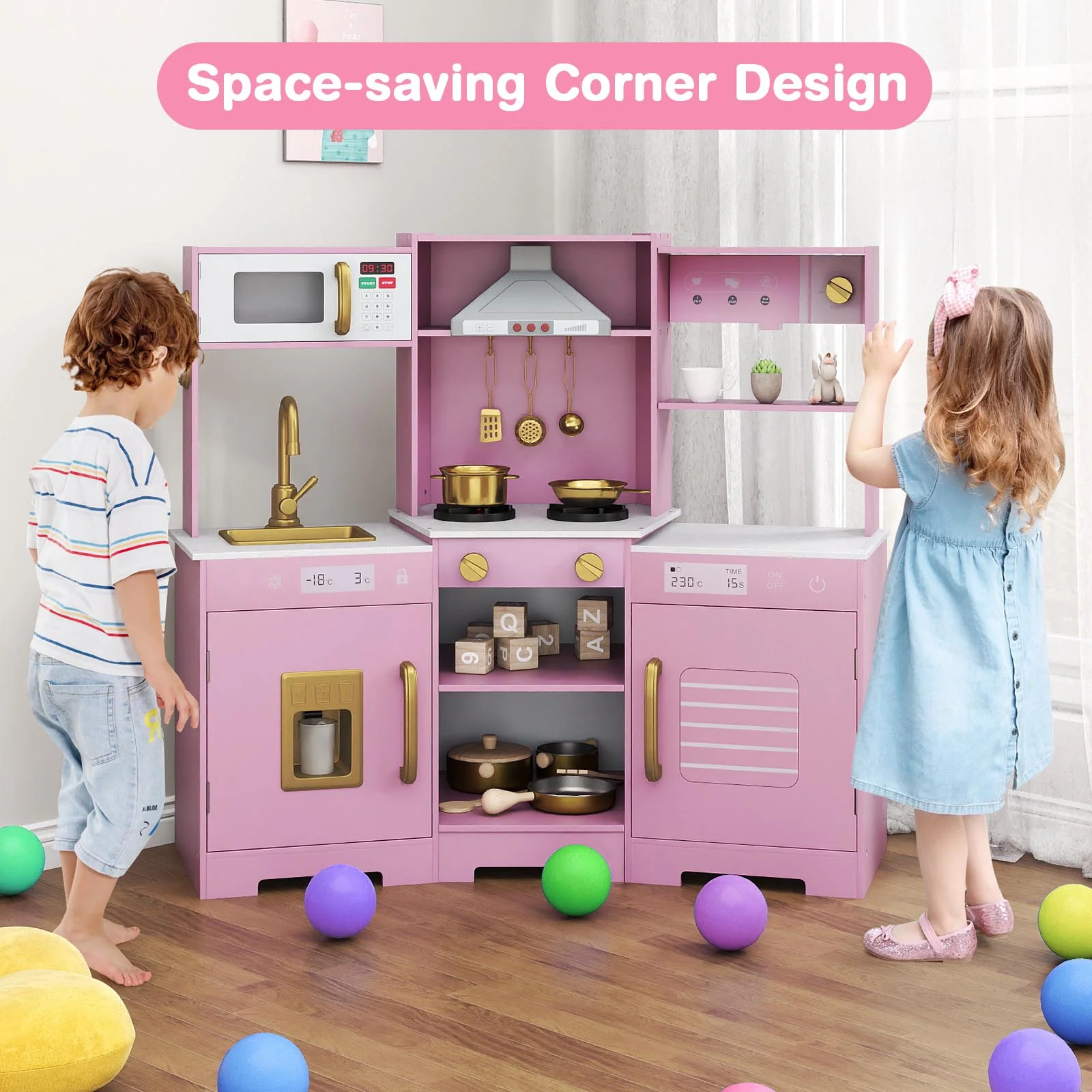 Pretend Play Kitchen Wooden Toy Set with Range Hood Real Sounds and Lights, Pink - Image 6