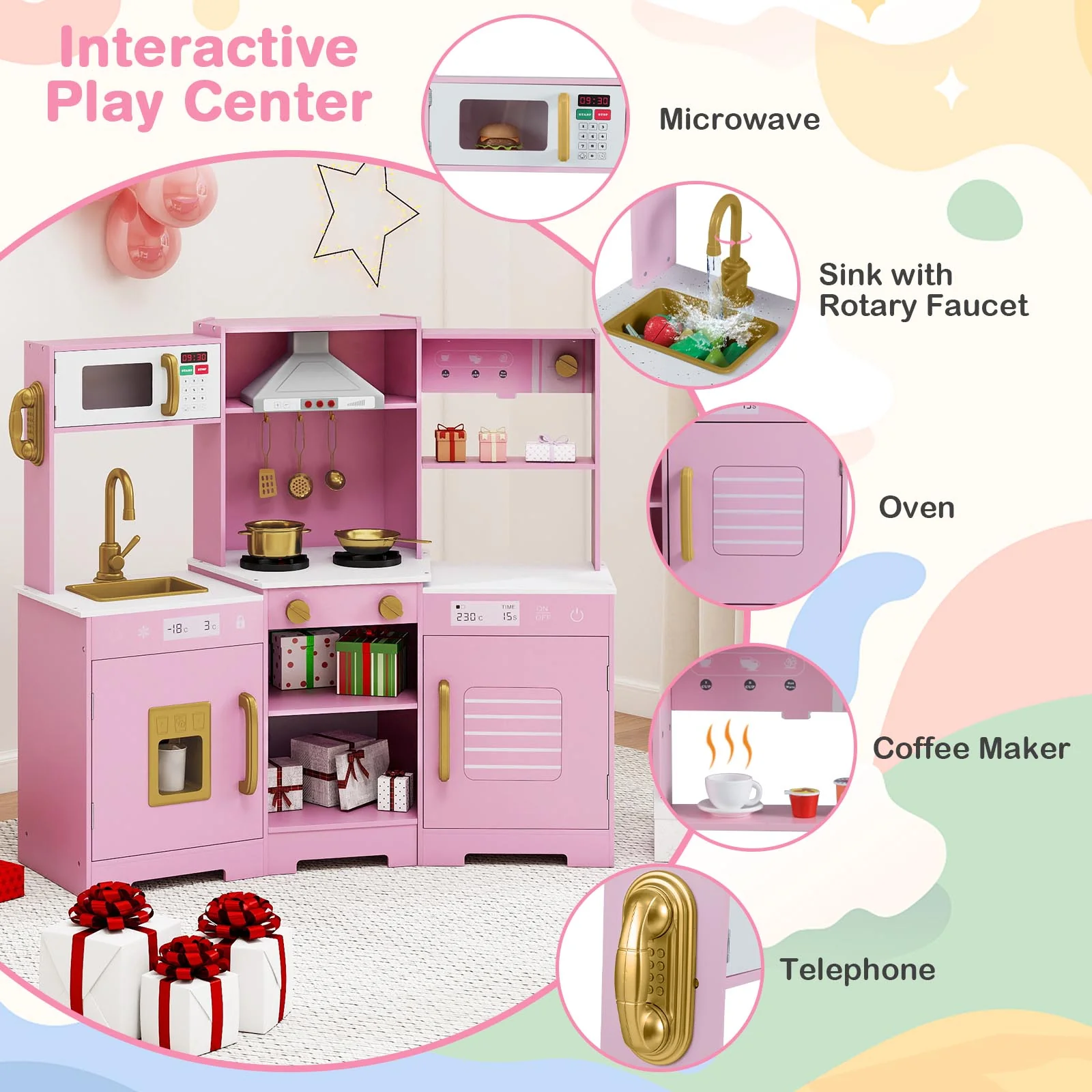 Pretend Play Kitchen Wooden Toy Set with Range Hood Real Sounds and Lights, Pink - Image 7