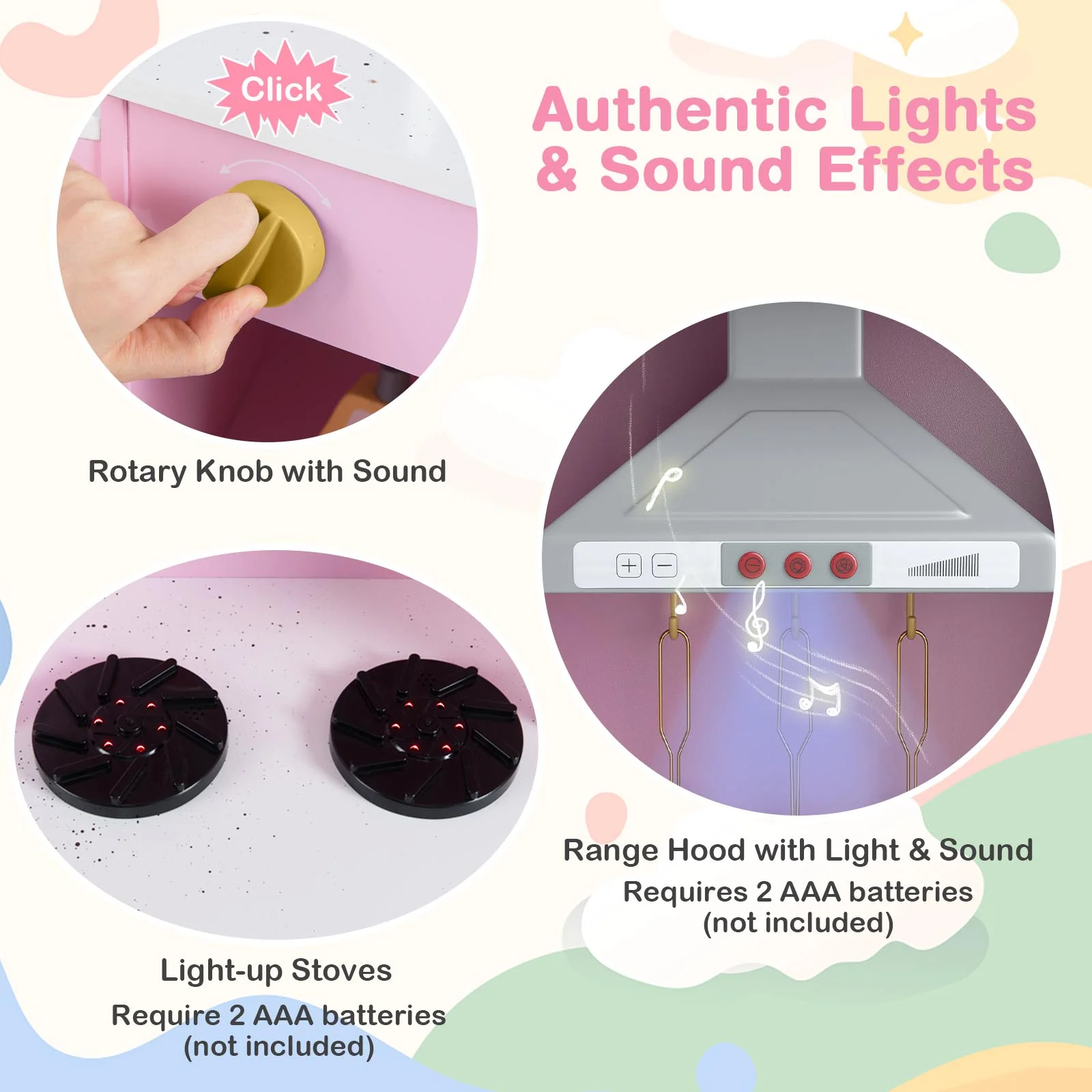 Pretend Play Kitchen Wooden Toy Set with Range Hood Real Sounds and Lights, Pink - Image 8