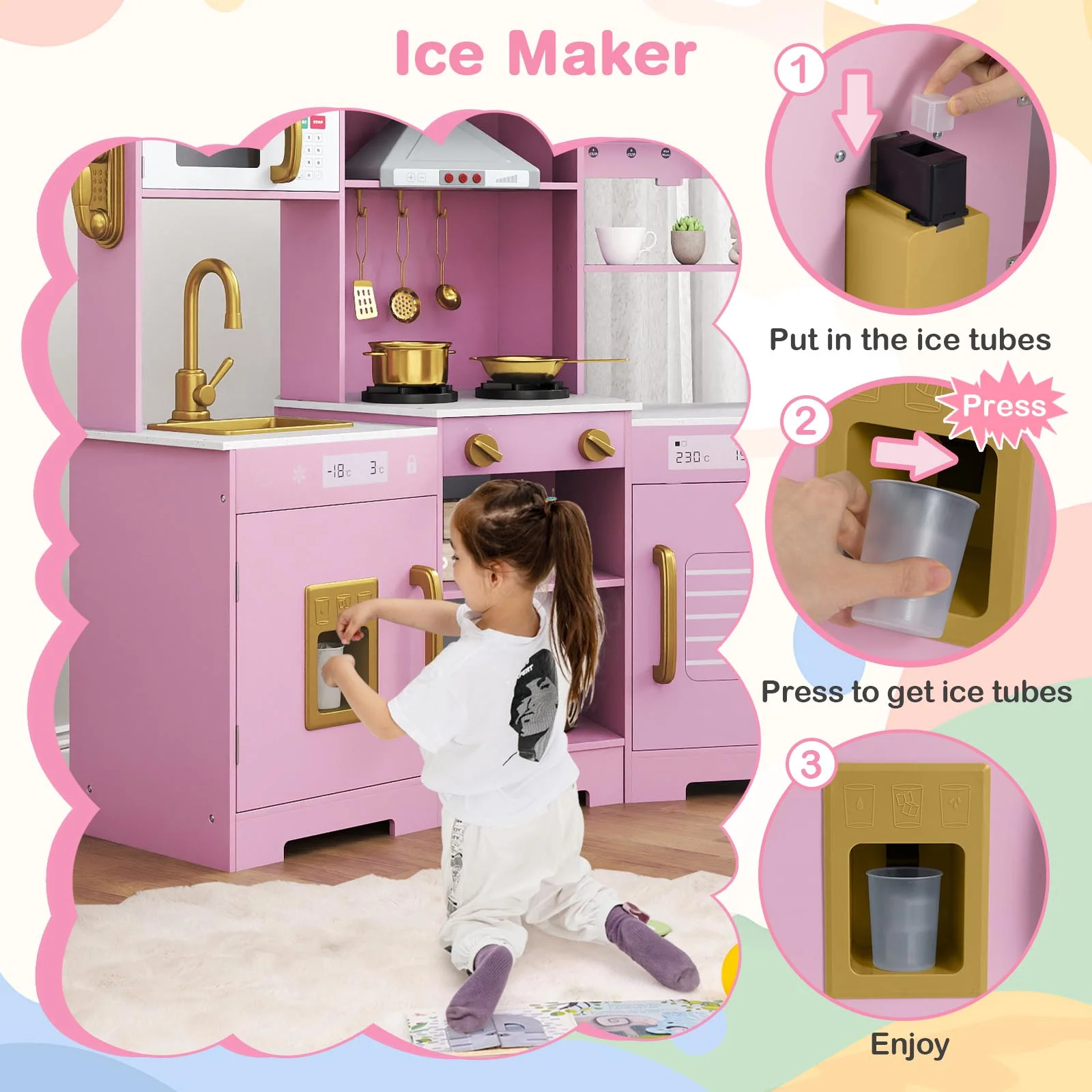Pretend Play Kitchen Wooden Toy Set with Range Hood Real Sounds and Lights, Pink - Image 9