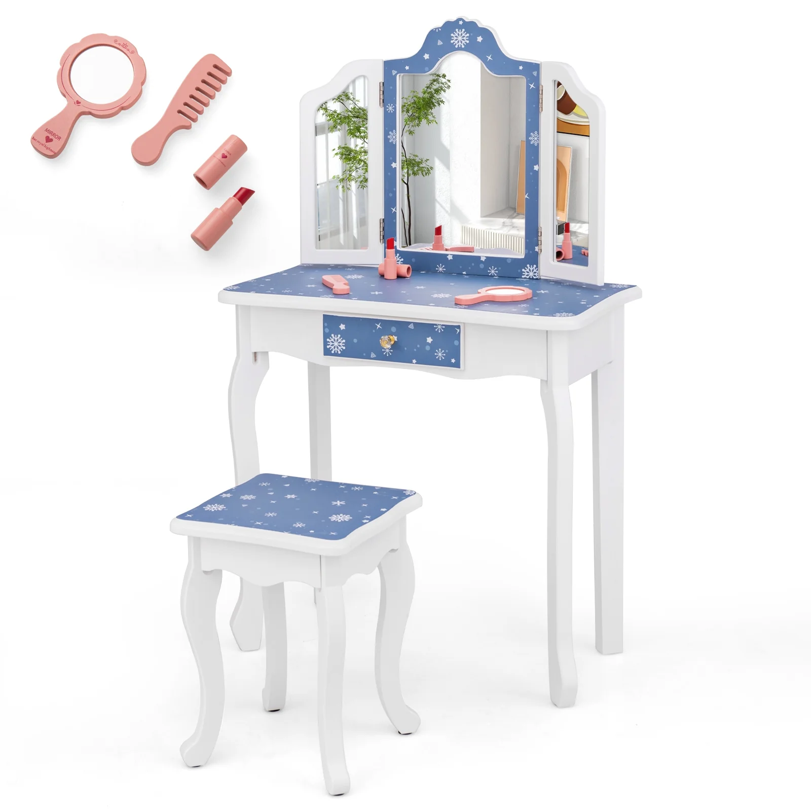 Pretend Play Makeup Table And Stool Set, Tri-Folding Mirror, Blue - Image 2