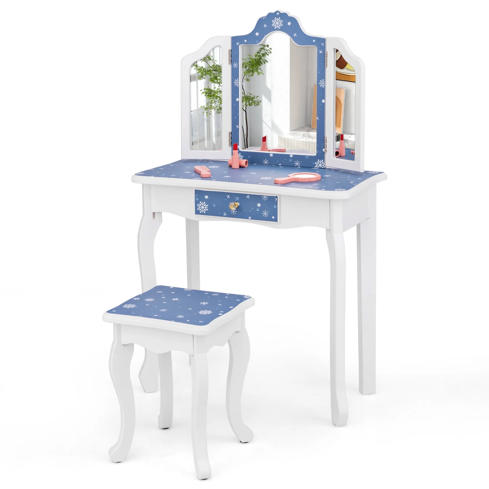 Pretend Play Makeup Table And Stool Set, Tri-Folding Mirror, Blue - Image 3