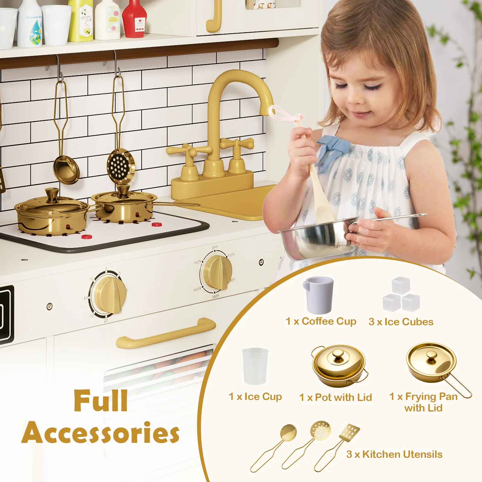 Pretend Toy Kitchen Set with Stoves and Water Dispenser-BE, Beige - Image 10