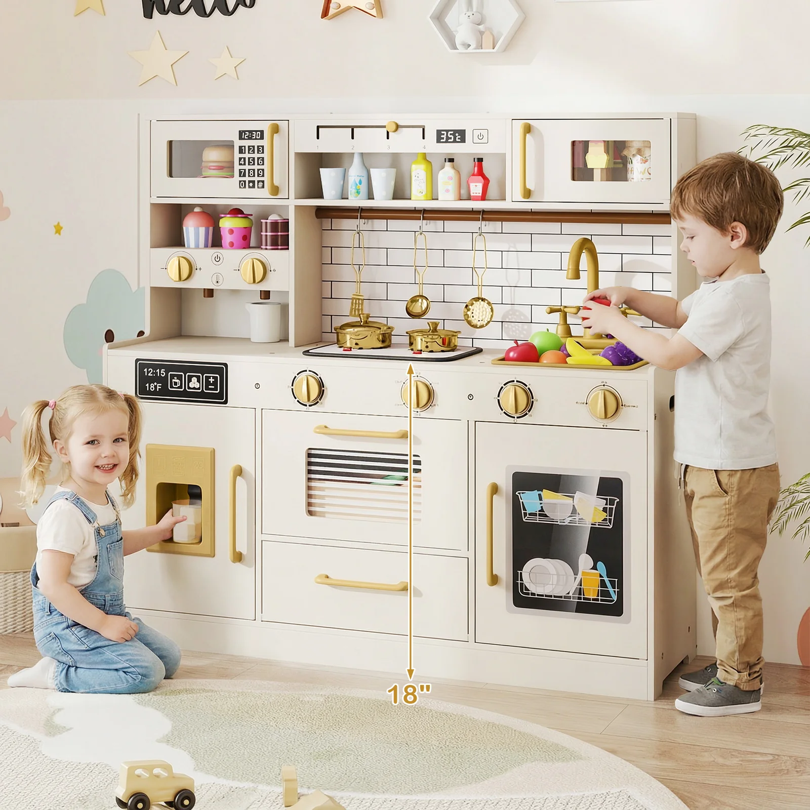 Pretend Toy Kitchen Set with Stoves and Water Dispenser-BE, Beige - Image 2