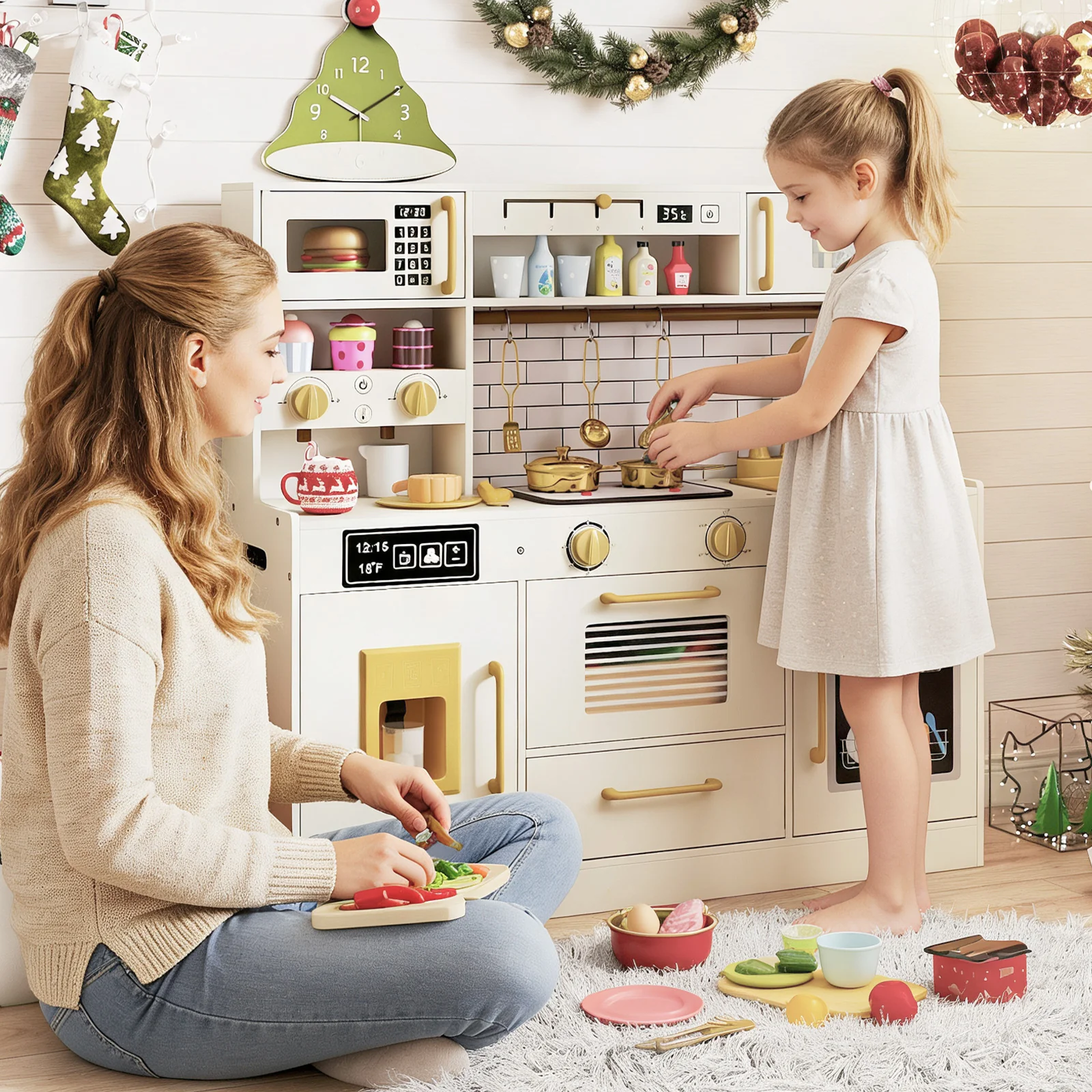 Pretend Toy Kitchen Set with Stoves and Water Dispenser-BE, Beige - Image 3