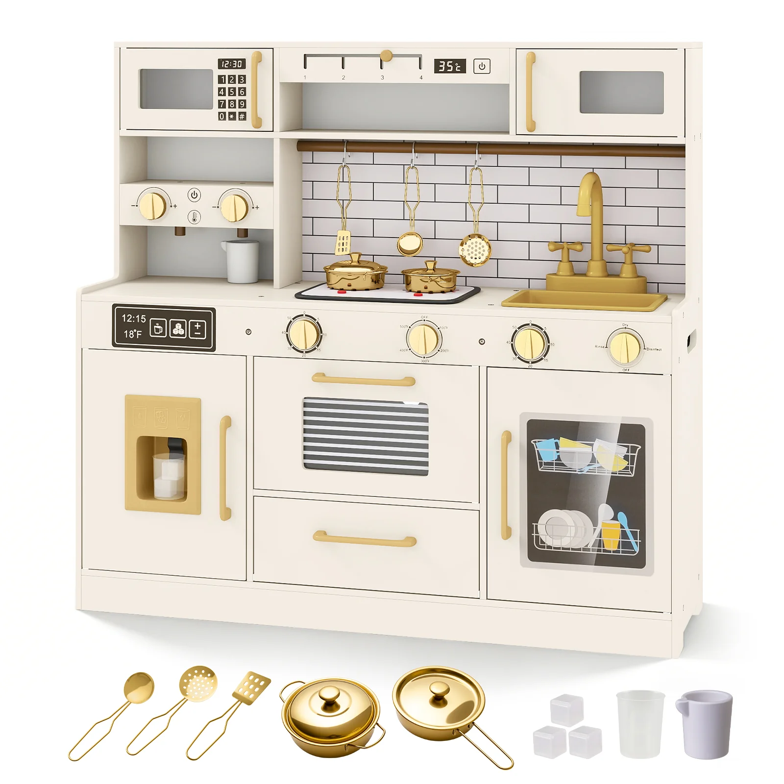 Pretend Toy Kitchen Set with Stoves and Water Dispenser-BE, Beige - Image 4