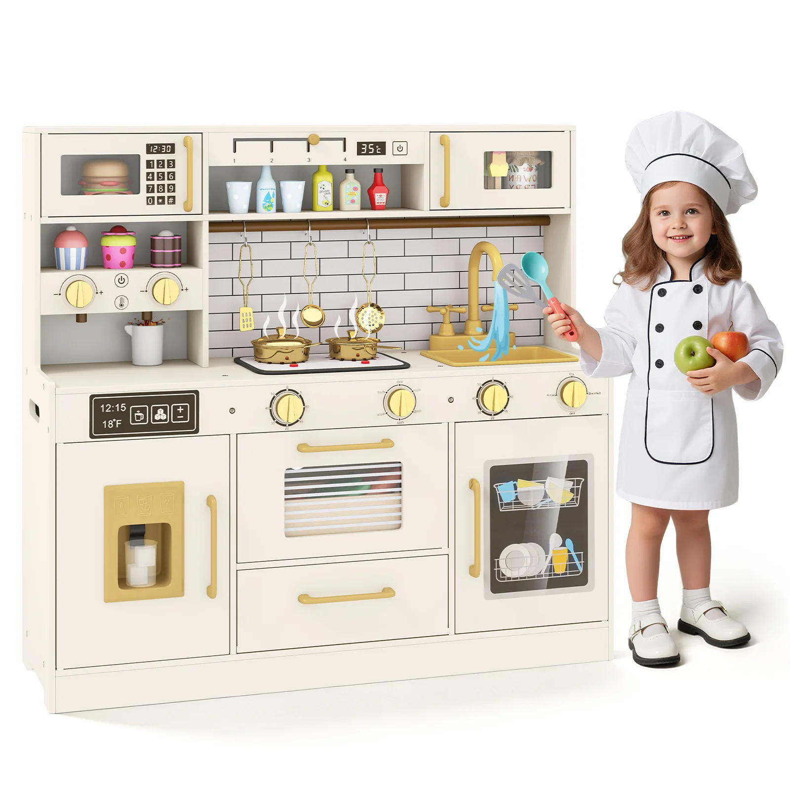 Pretend Toy Kitchen Set with Stoves and Water Dispenser-BE, Beige - Image 5
