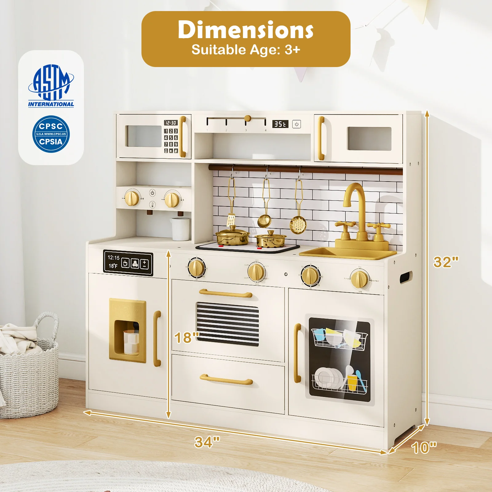 Pretend Toy Kitchen Set with Stoves and Water Dispenser-BE, Beige - Image 6