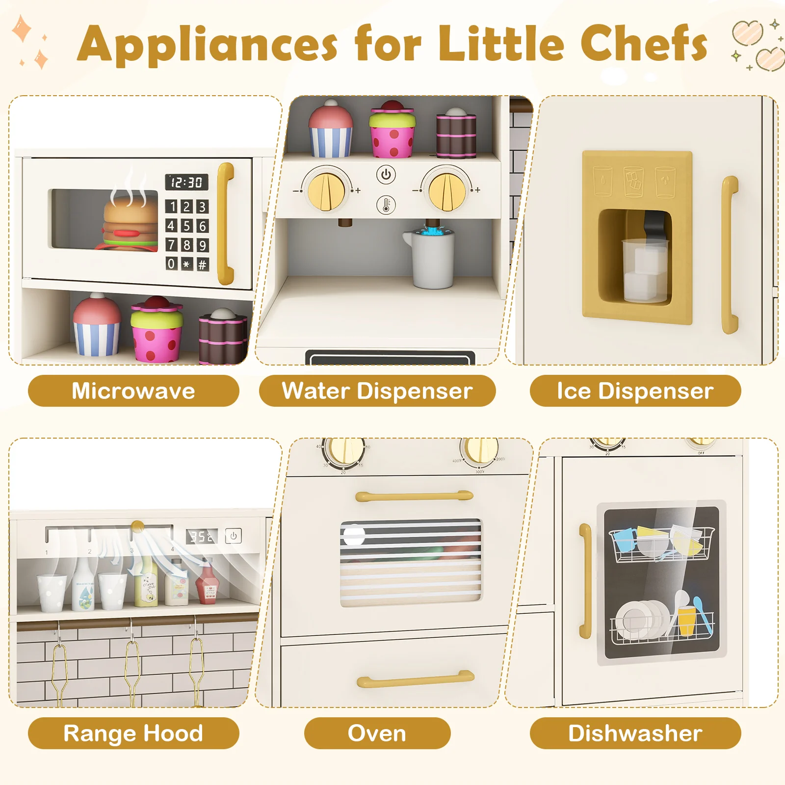 Pretend Toy Kitchen Set with Stoves and Water Dispenser-BE, Beige - Image 8