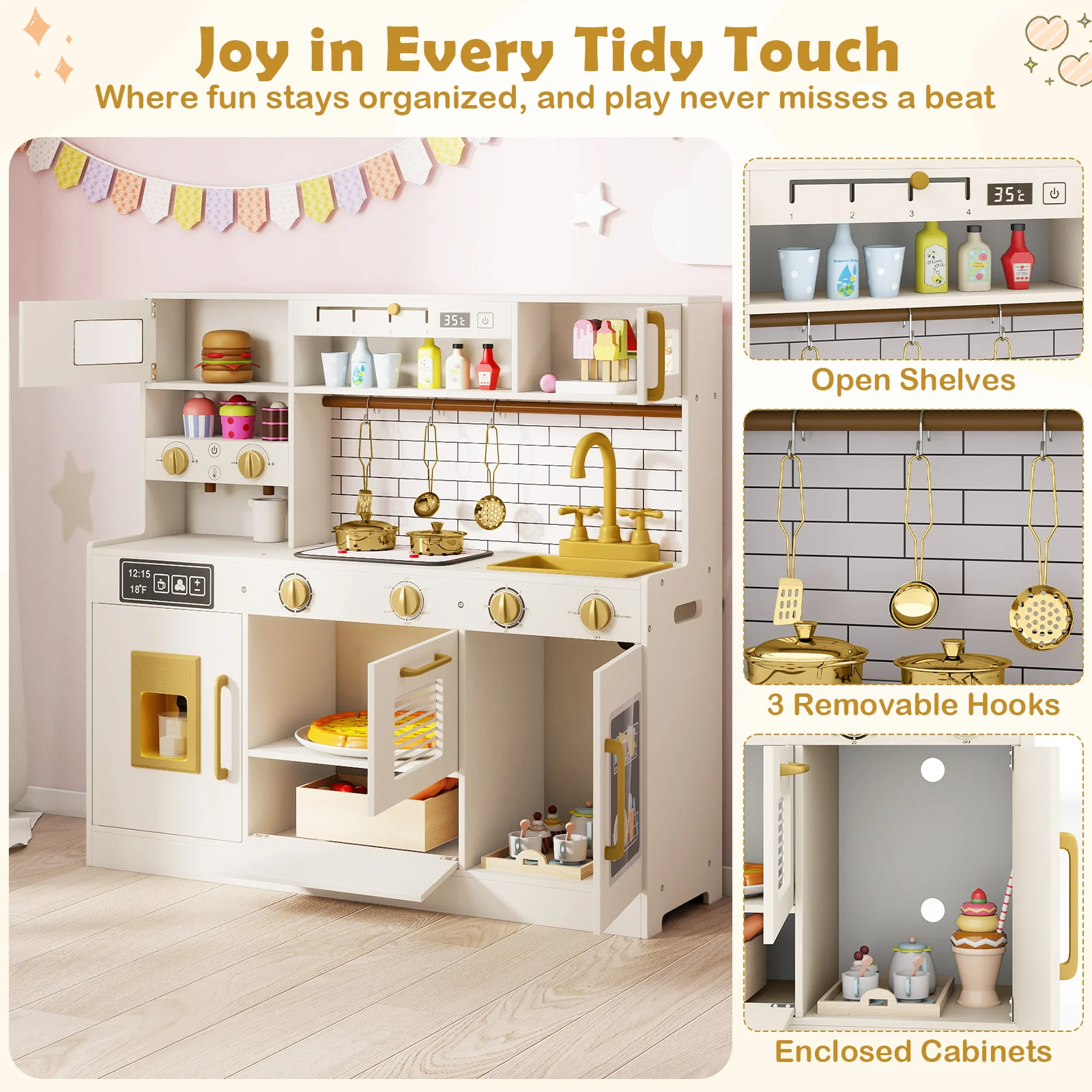 Pretend Toy Kitchen Set with Stoves and Water Dispenser-BE, Beige - Image 9