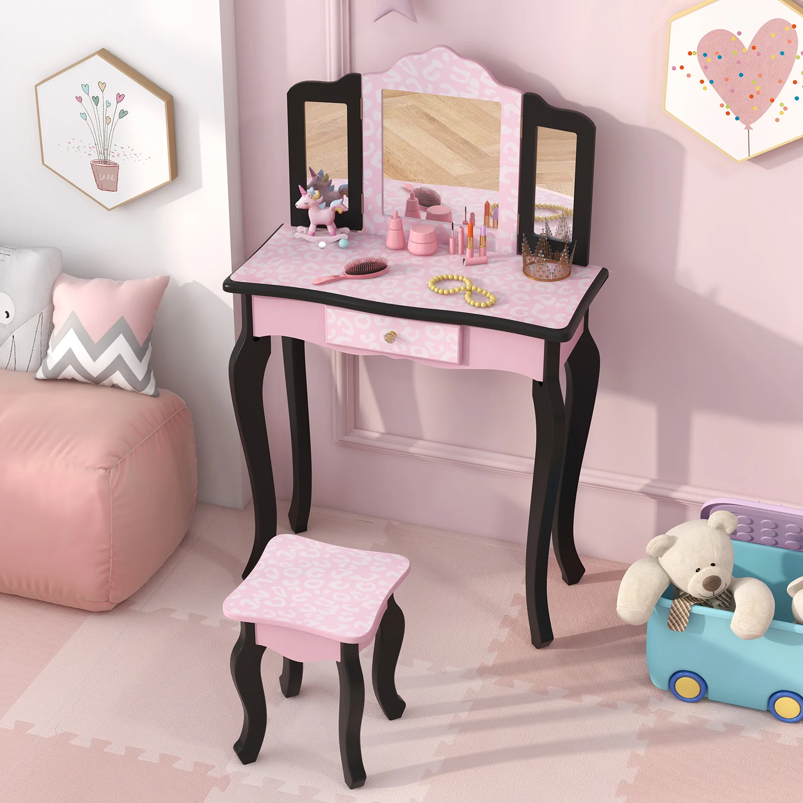 Princess Dressing Table Writing Desk, Leopard Print, 3 Makeup Accessories, Pink - Image 3
