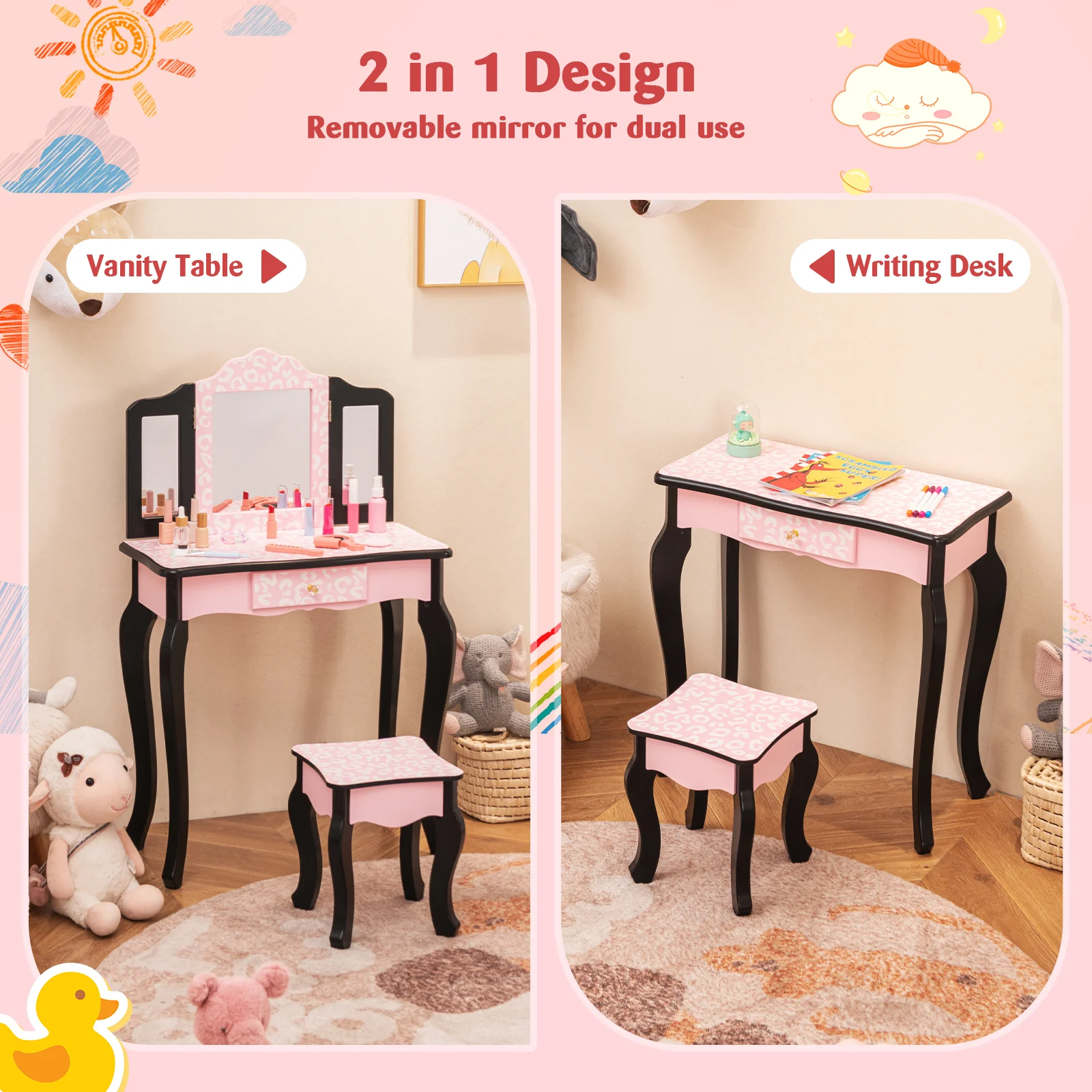 Princess Dressing Table Writing Desk, Leopard Print, 3 Makeup Accessories, Pink - Image 7
