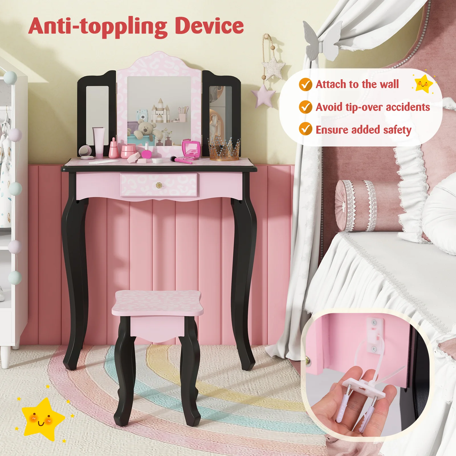 Princess Dressing Table Writing Desk, Leopard Print, 3 Makeup Accessories, Pink - Image 8