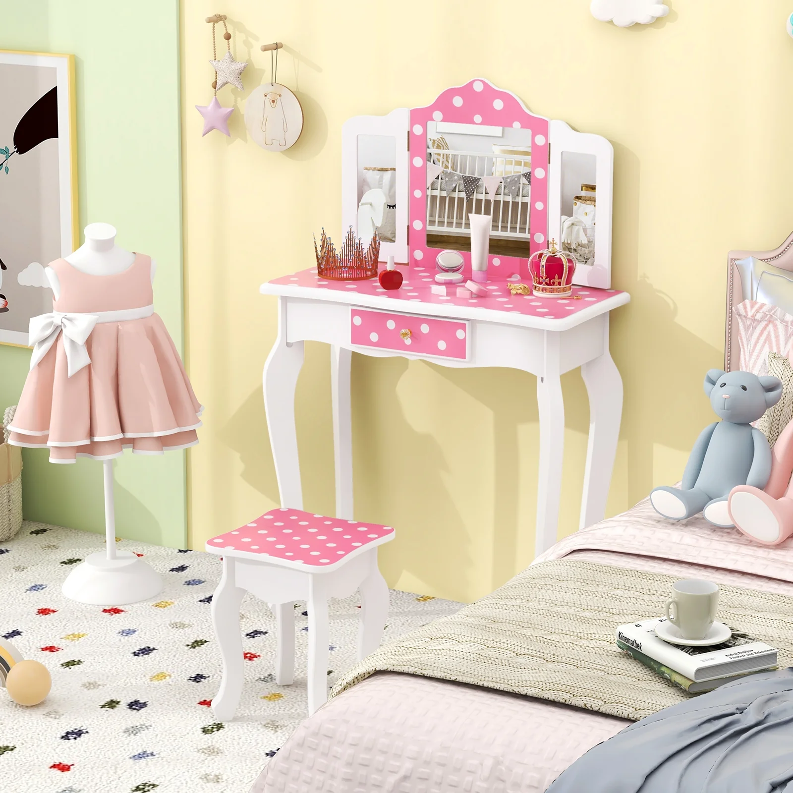 Princess Pretend Play Makeup Dressing Table, Polka Dot, Pink - Image 2