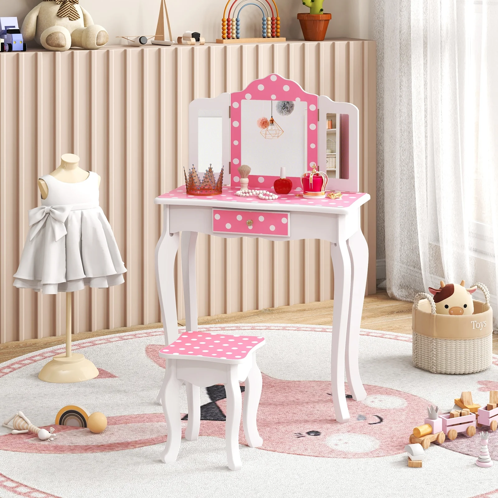 Princess Pretend Play Makeup Dressing Table, Polka Dot, Pink - Image 3