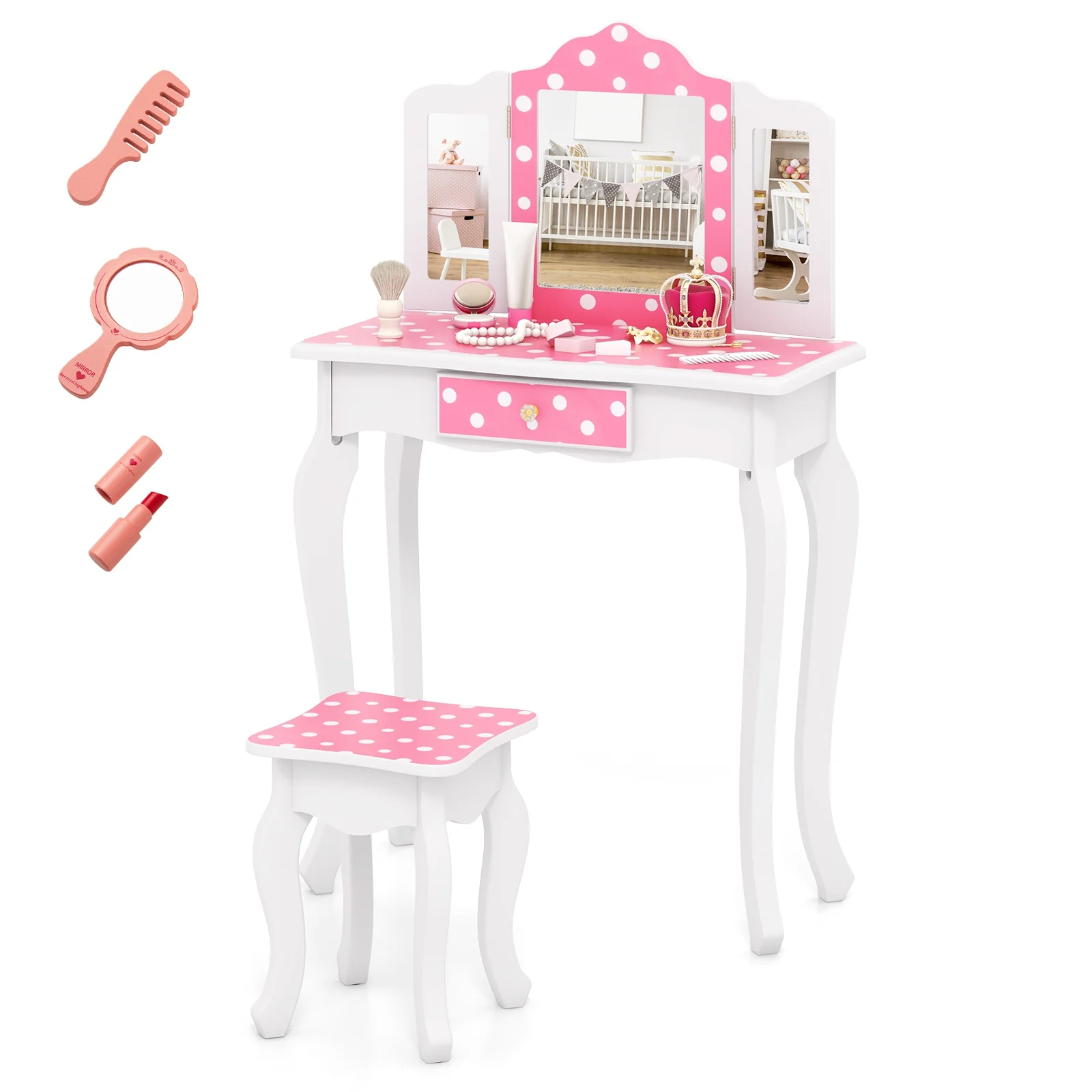 Princess Pretend Play Makeup Dressing Table, Polka Dot, Pink - Image 4
