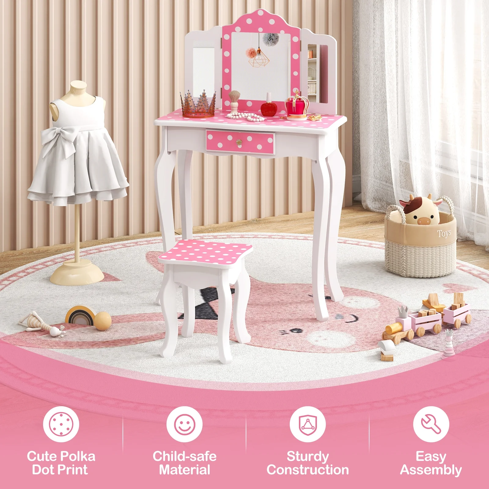 Princess Pretend Play Makeup Dressing Table, Polka Dot, Pink - Image 8