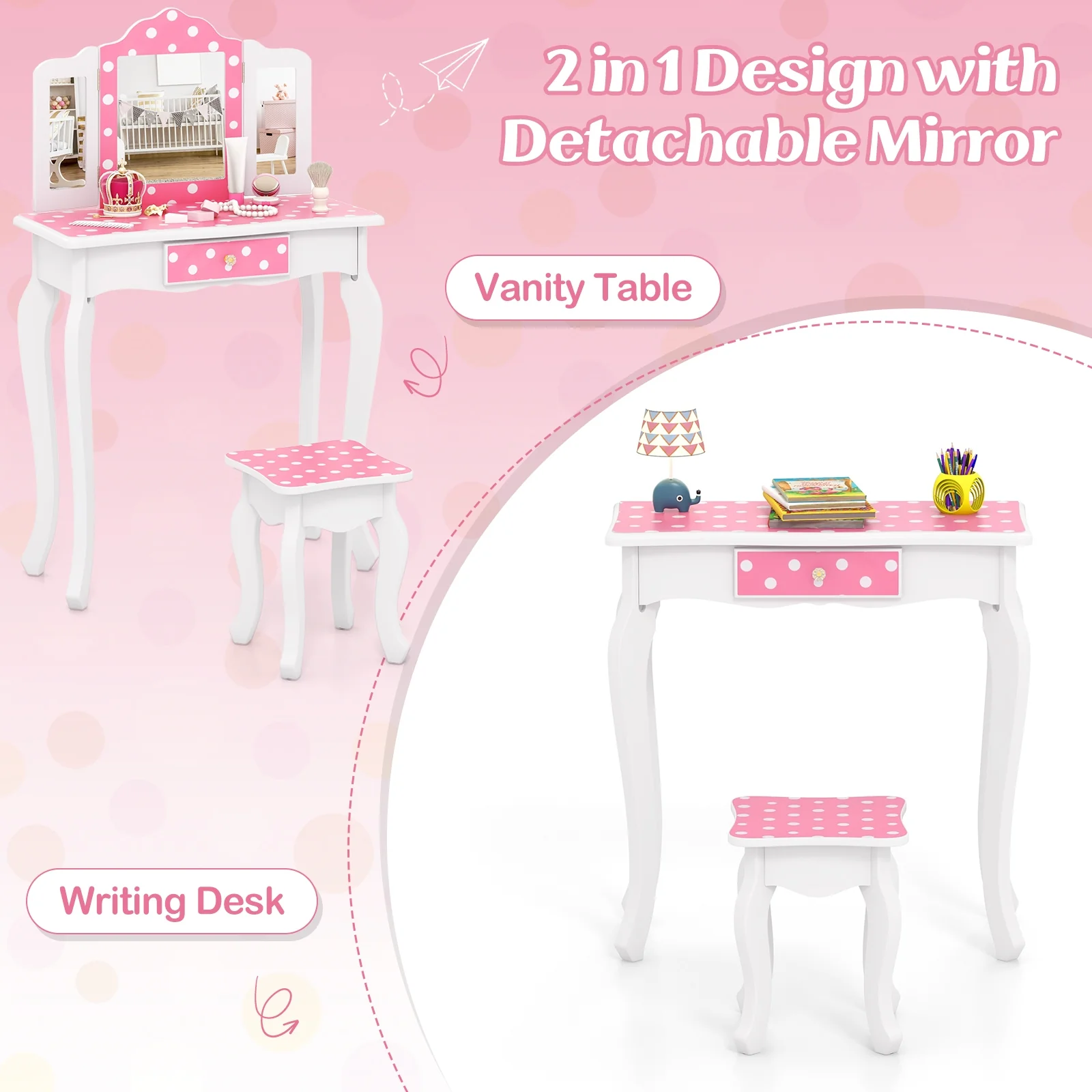 Princess Pretend Play Makeup Dressing Table, Polka Dot, Pink - Image 9