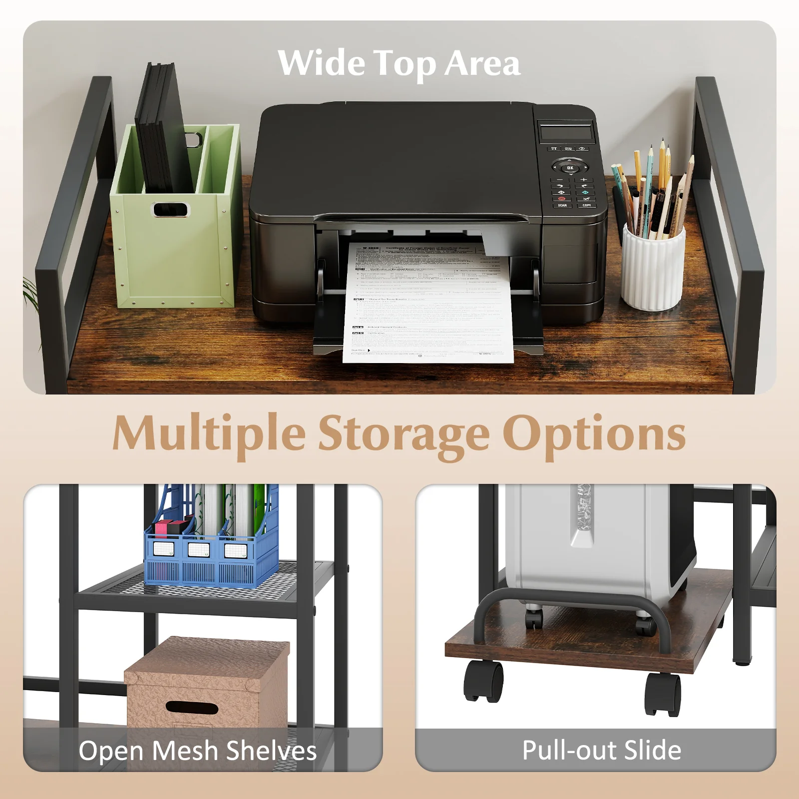 Printer Stand With Charging Station, Storage Shelves, Rustic Brown - Image 10