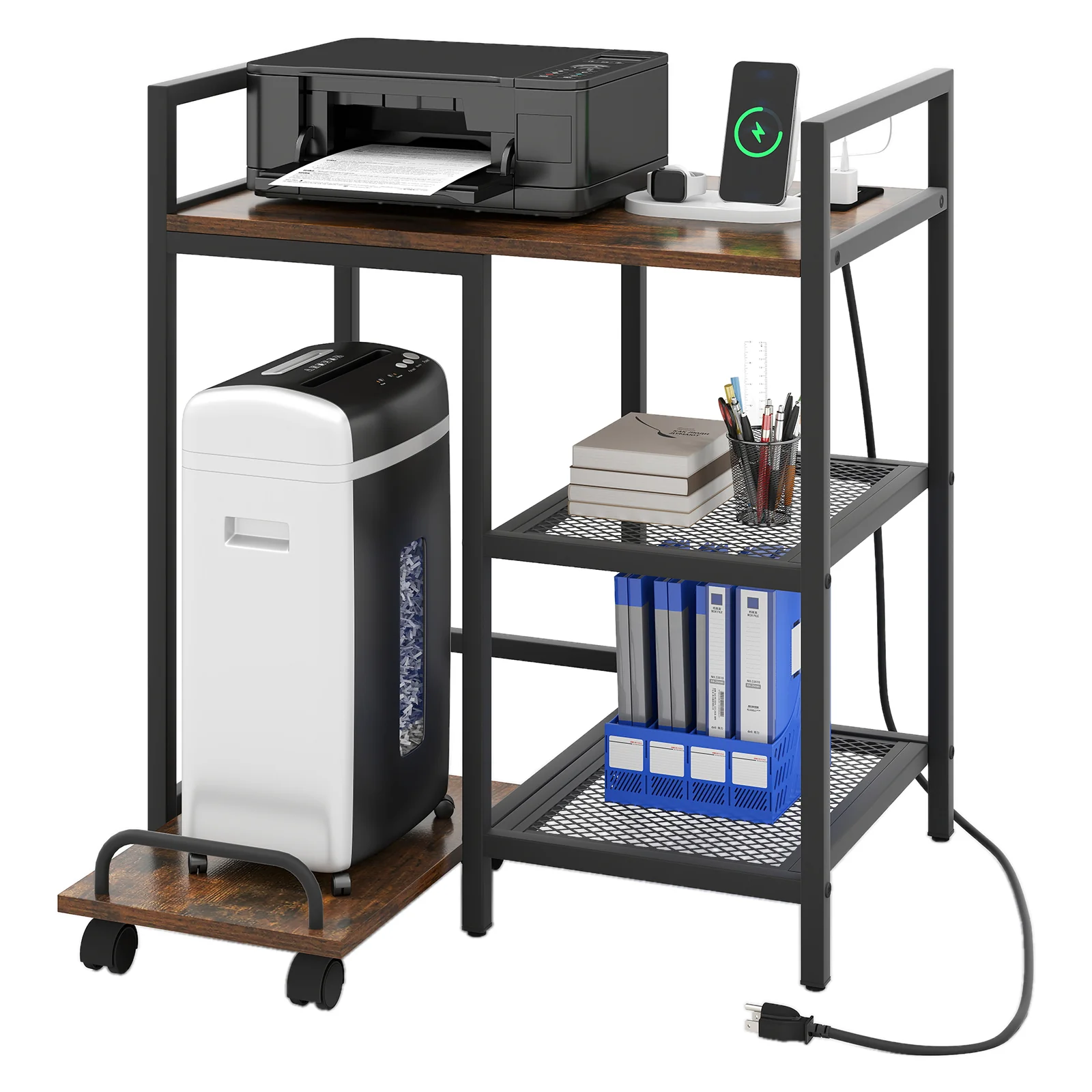 Printer Stand With Charging Station, Storage Shelves, Rustic Brown - Image 4