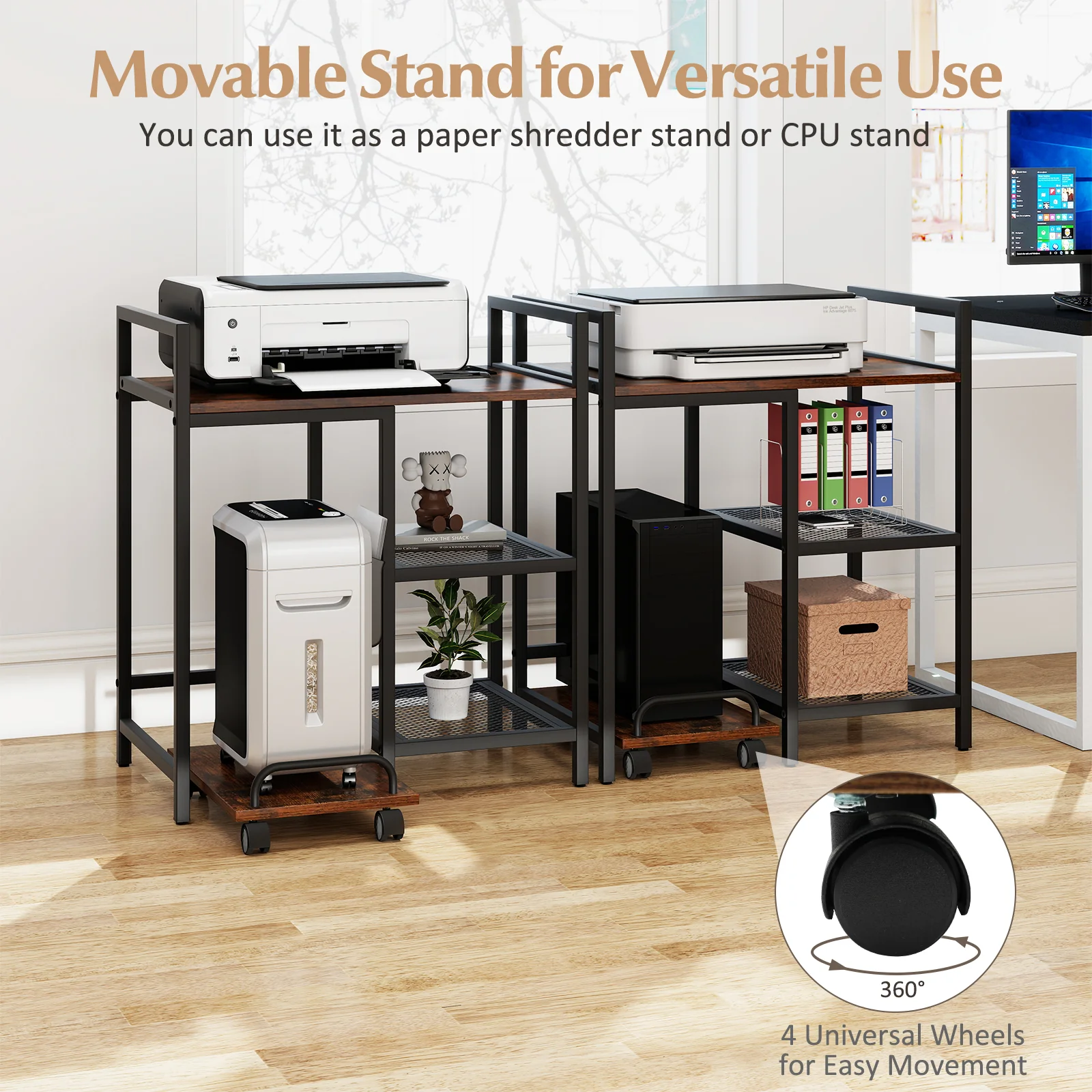 Printer Stand With Charging Station, Storage Shelves, Rustic Brown - Image 8