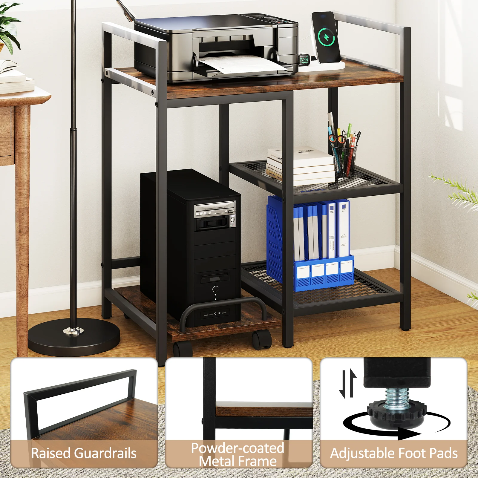 Printer Stand With Charging Station, Storage Shelves, Rustic Brown - Image 9