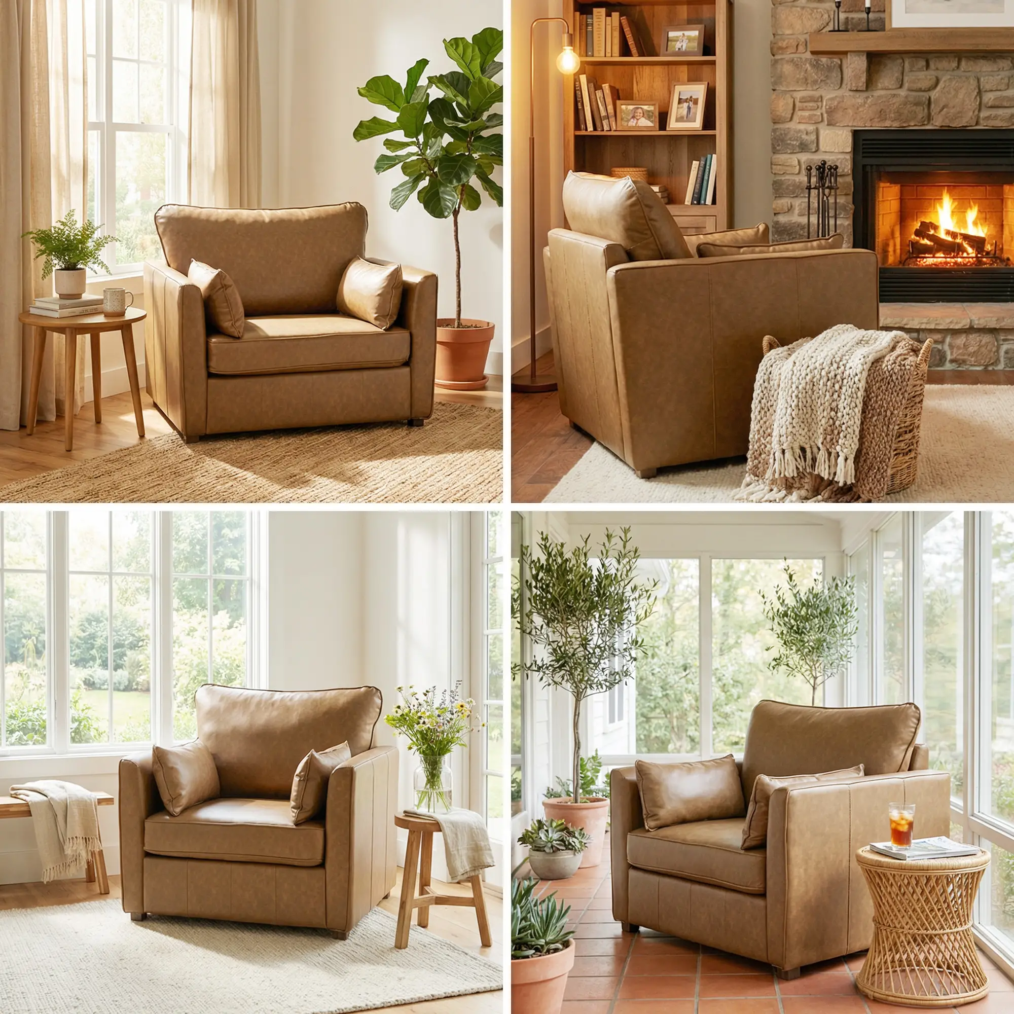PU Leather Armchair, Wide Seat, Spring Cushion, Rubberwood Legs, Brown - Image 9