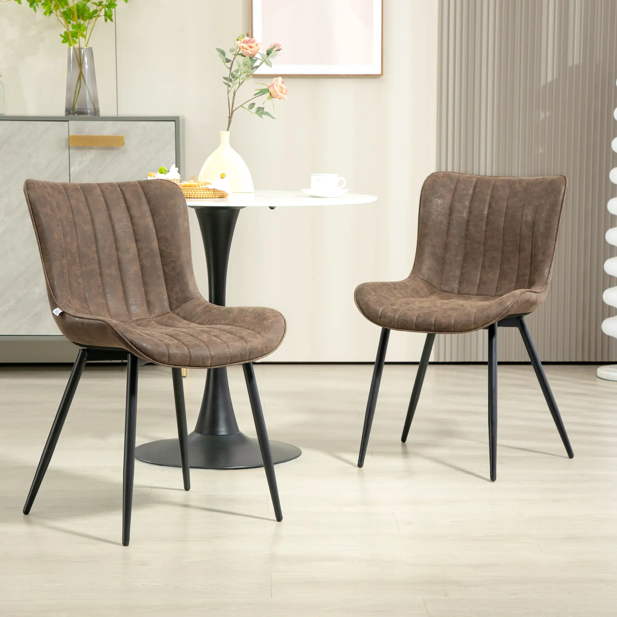 PU Leather Dining Chairs Set of 2, Steel Legs, Brown - Image 2