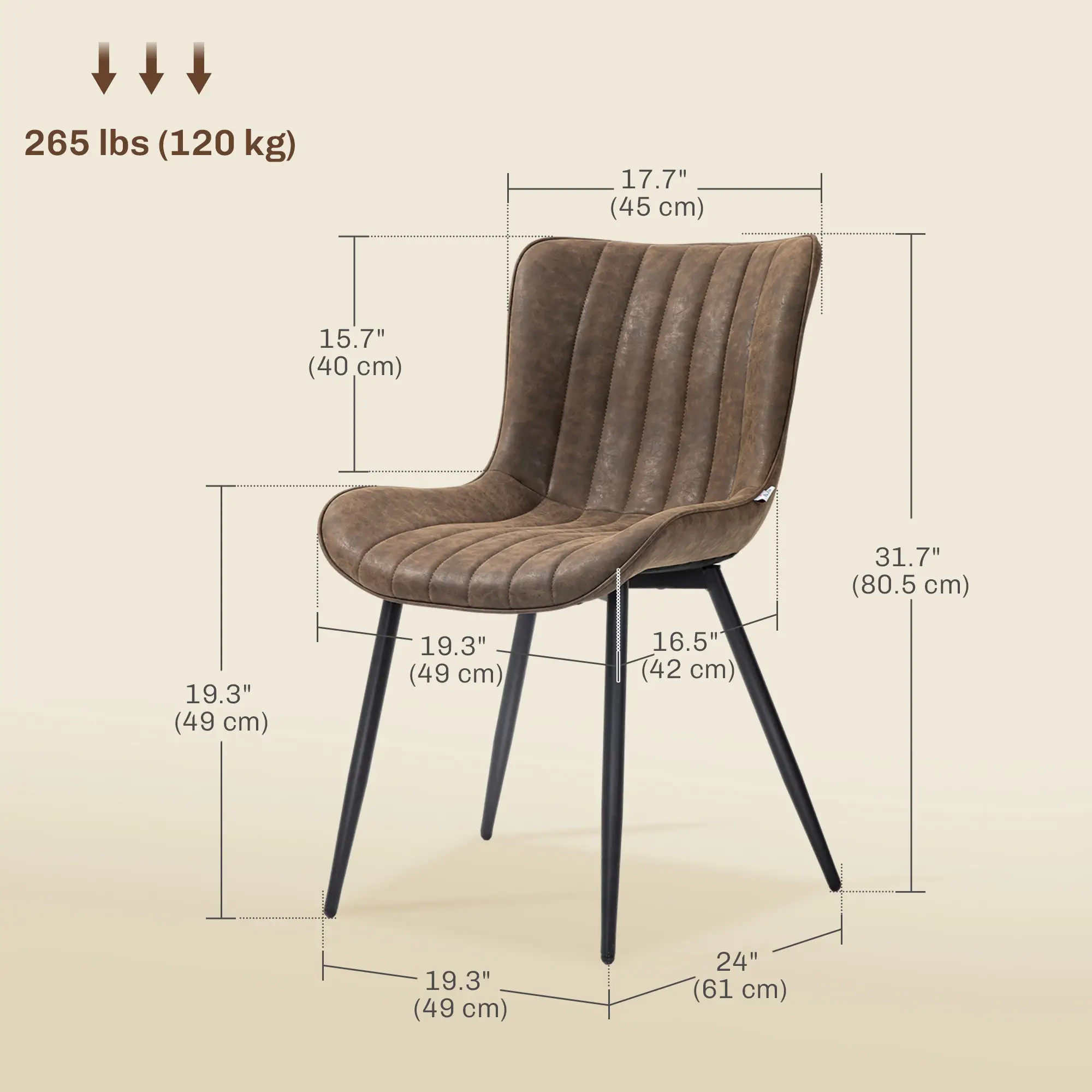 PU Leather Dining Chairs Set of 2, Steel Legs, Brown - Image 3