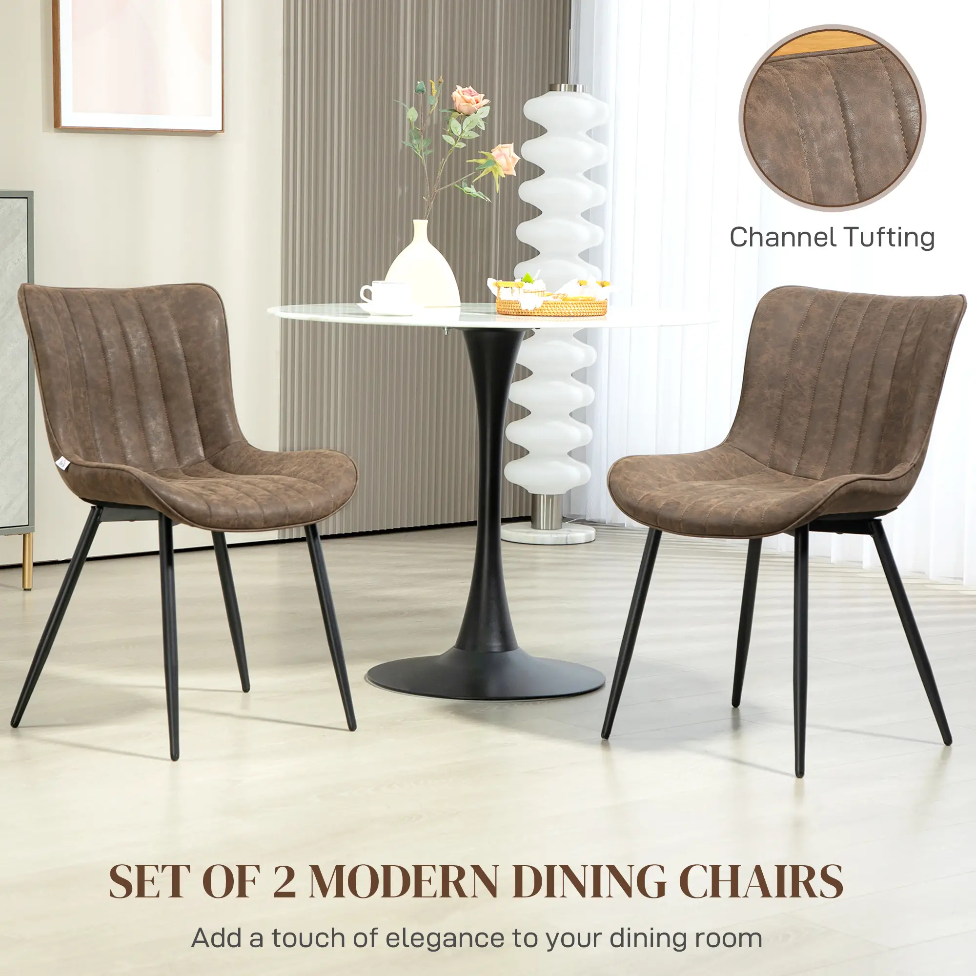 PU Leather Dining Chairs Set of 2, Steel Legs, Brown - Image 4