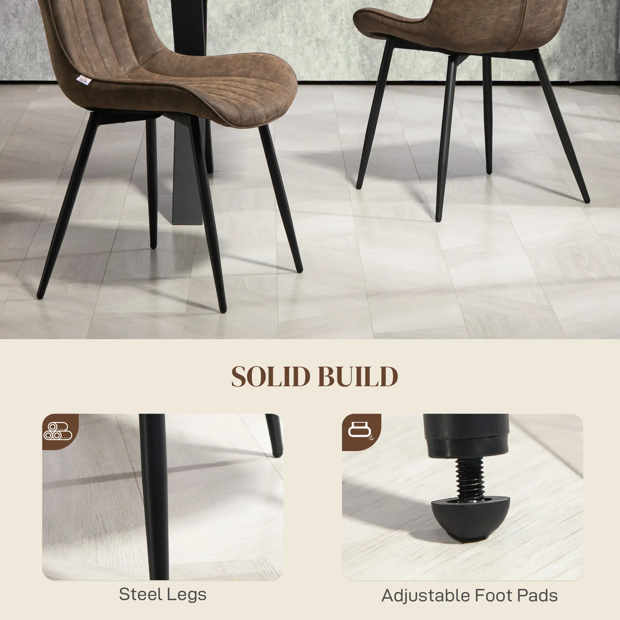 PU Leather Dining Chairs Set of 2, Steel Legs, Brown - Image 6