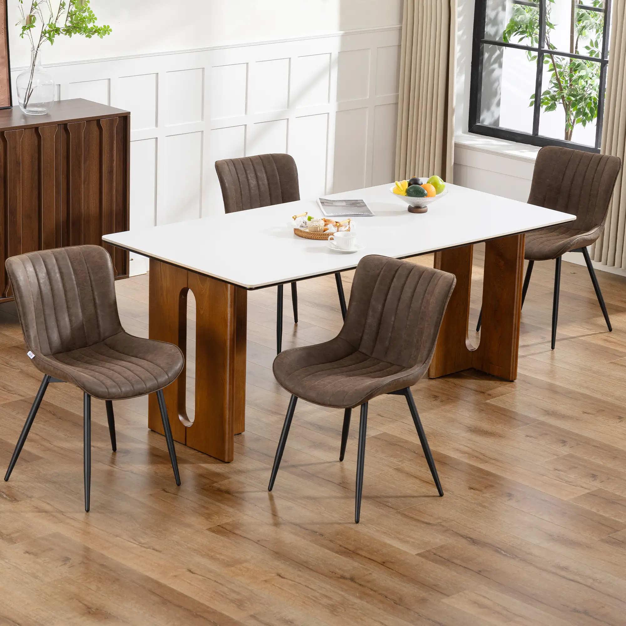 PU Leather Dining Chairs Set of 4, Steel Legs, Backrest, Brown - Image 2