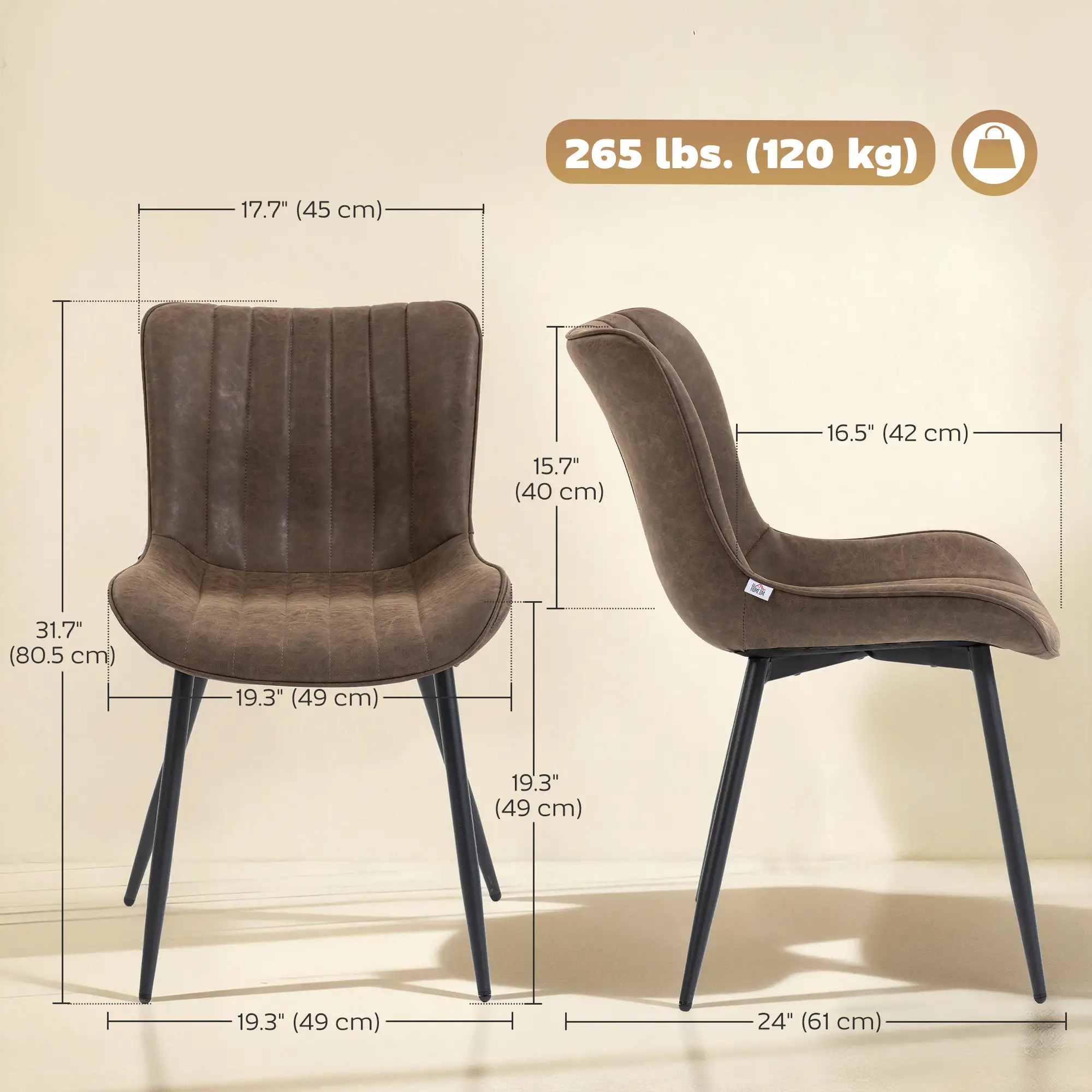 PU Leather Dining Chairs Set of 4, Steel Legs, Backrest, Brown - Image 3