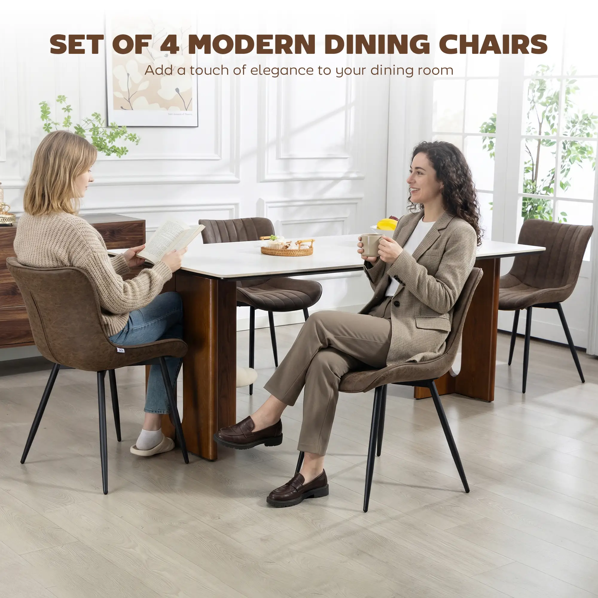 PU Leather Dining Chairs Set of 4, Steel Legs, Backrest, Brown - Image 4
