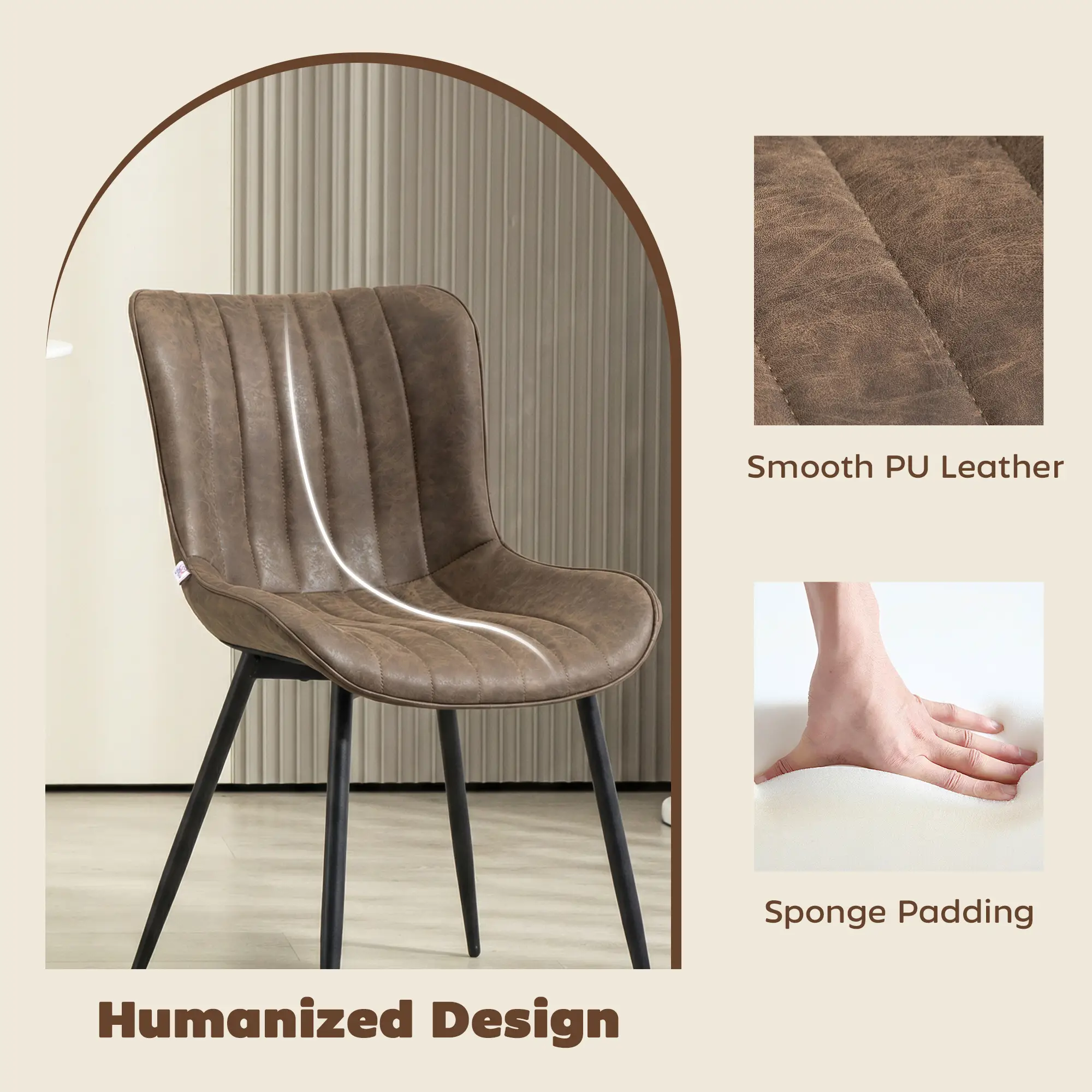PU Leather Dining Chairs Set of 4, Steel Legs, Backrest, Brown - Image 5