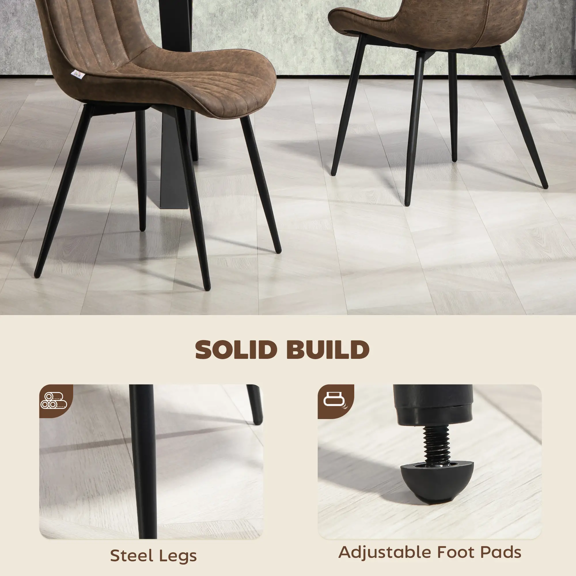 PU Leather Dining Chairs Set of 4, Steel Legs, Backrest, Brown - Image 6