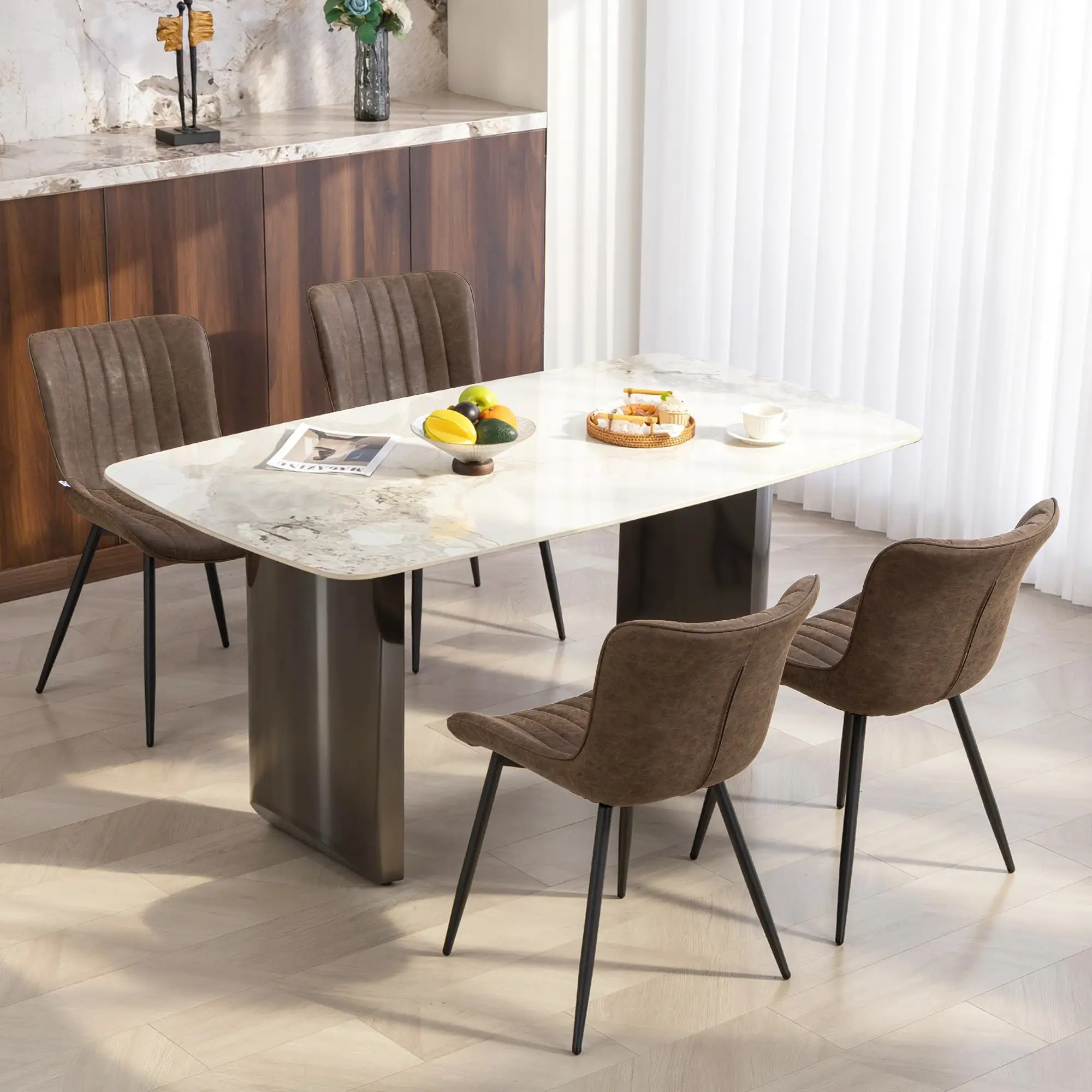 PU Leather Dining Chairs Set of 4, Steel Legs, Backrest, Brown - Image 8