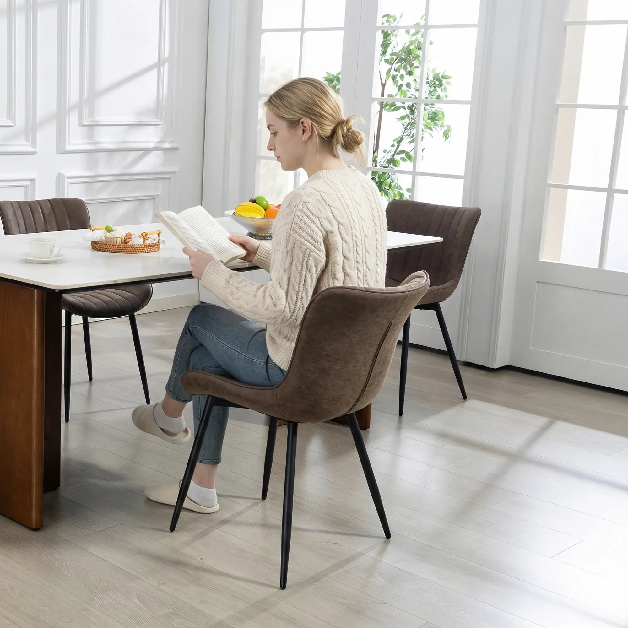 PU Leather Dining Chairs Set of 4, Steel Legs, Backrest, Brown - Image 9
