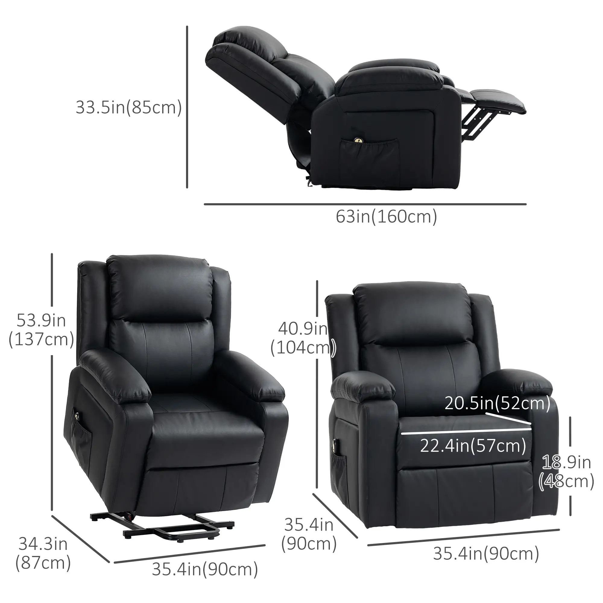 PU Leather Electric Recliner Chair, Remote, Side Pockets, Black - Image 3