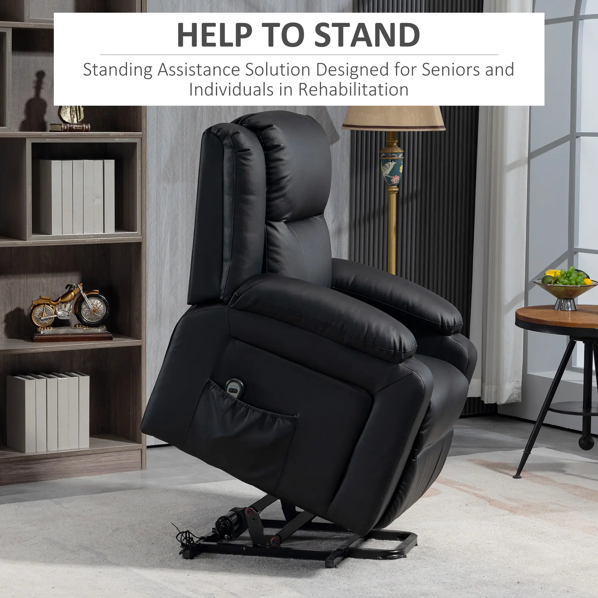 PU Leather Electric Recliner Chair, Remote, Side Pockets, Black - Image 4