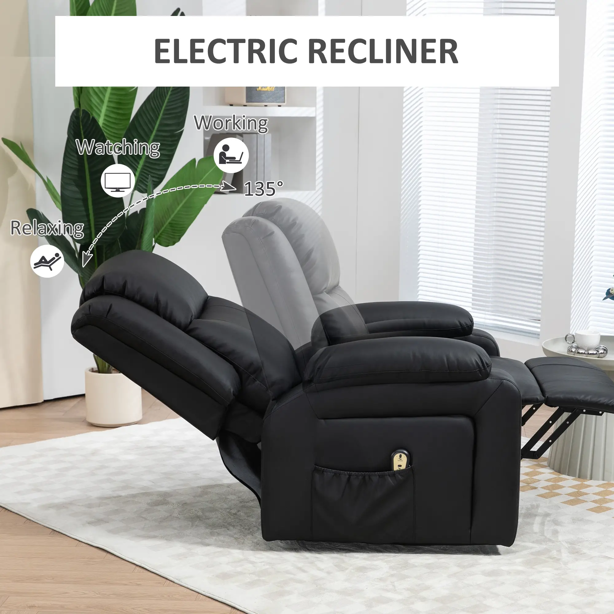 PU Leather Electric Recliner Chair, Remote, Side Pockets, Black - Image 5
