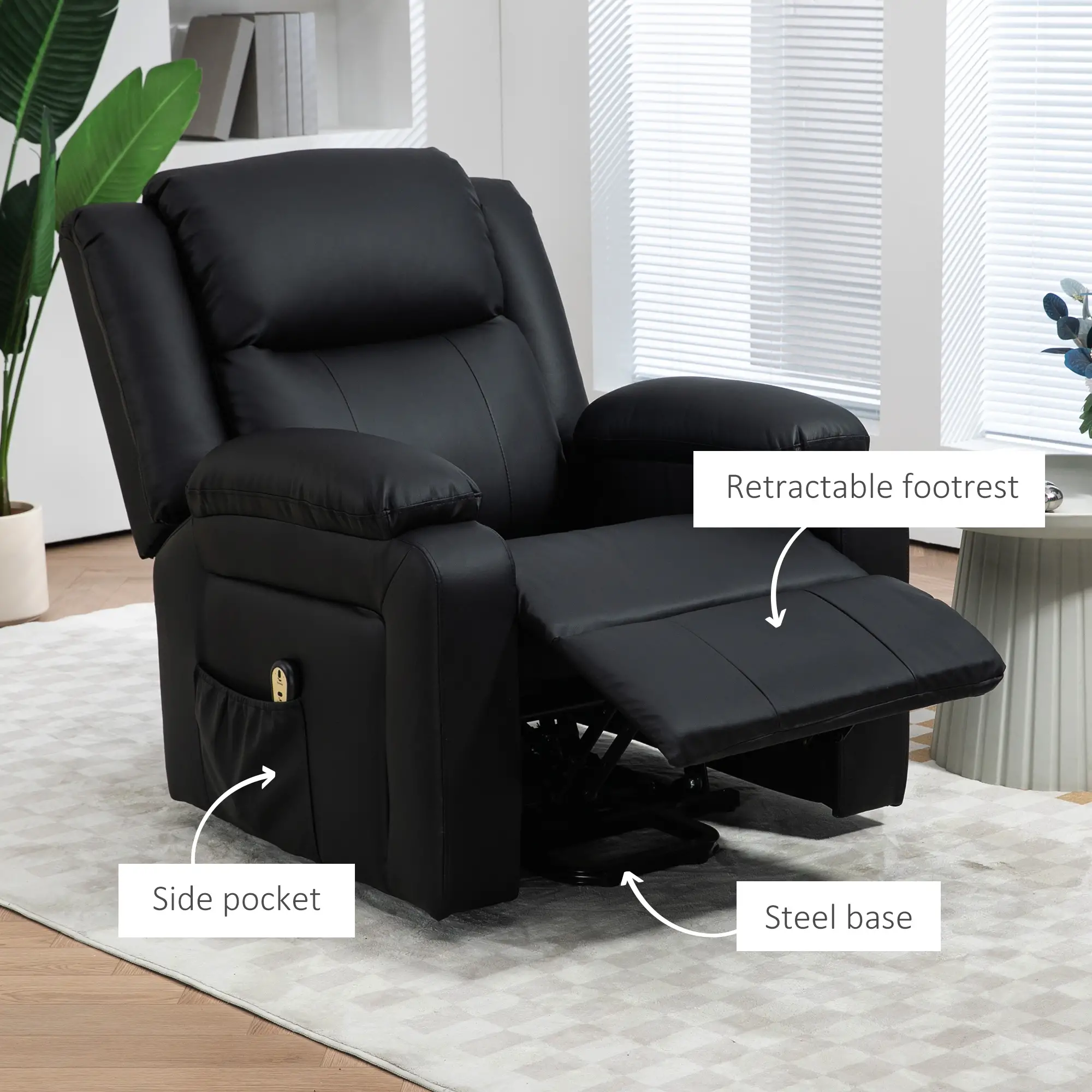PU Leather Electric Recliner Chair, Remote, Side Pockets, Black - Image 7