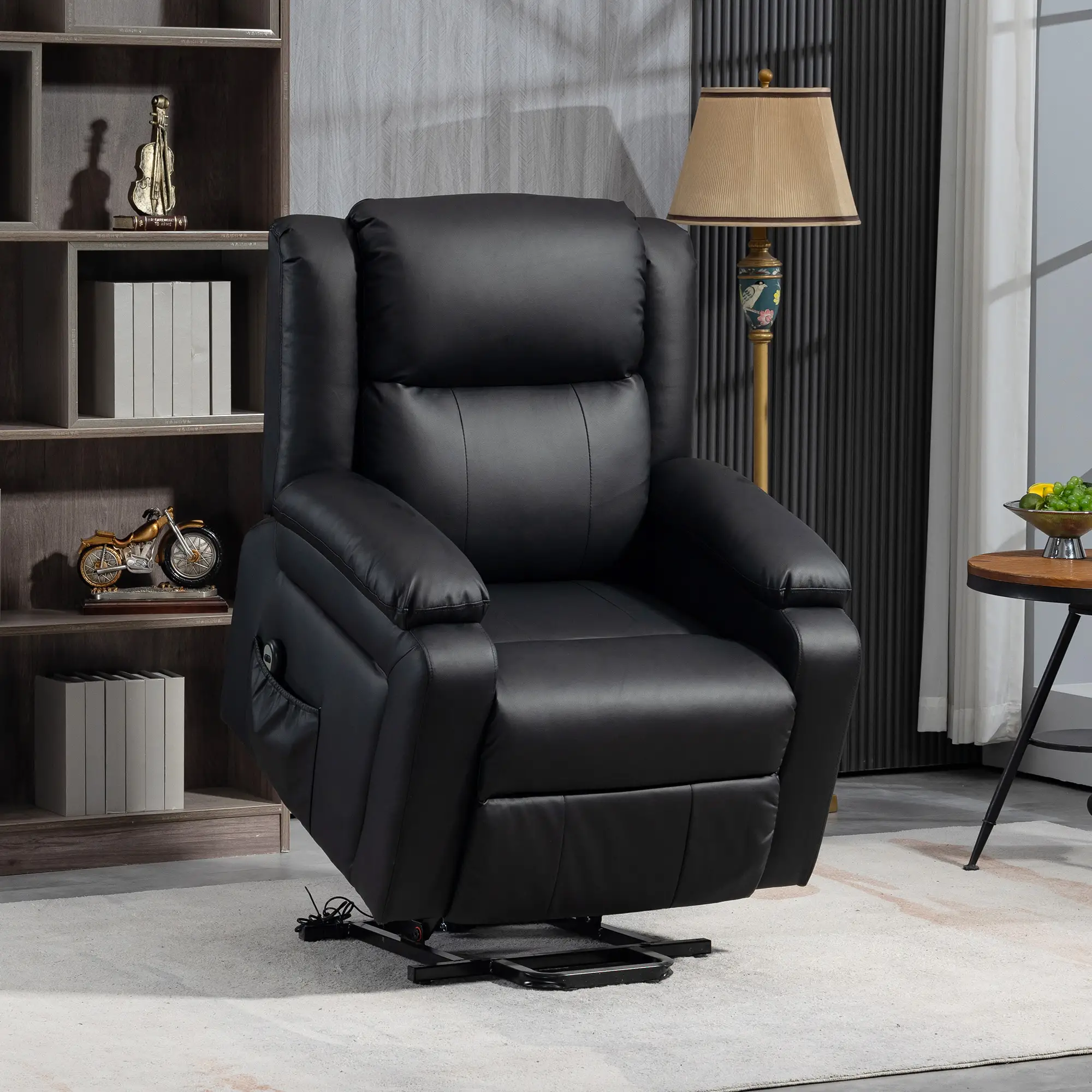 PU Leather Electric Recliner Chair, Remote, Side Pockets, Black - Image 8