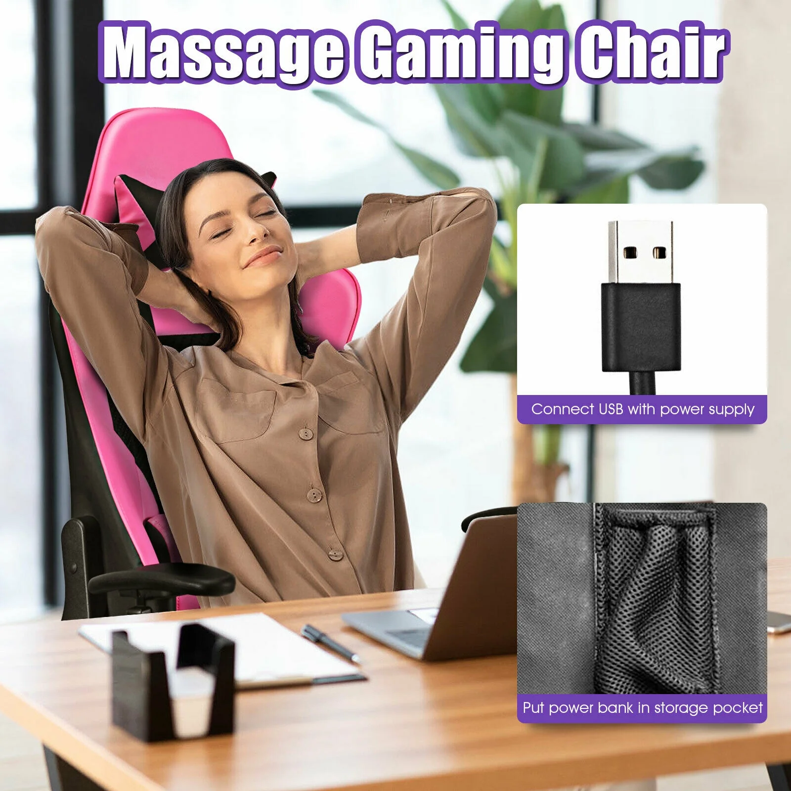 PU Leather Gaming Chair, USB Massage Lumbar Pillow, Footrest, Pink - Image 10