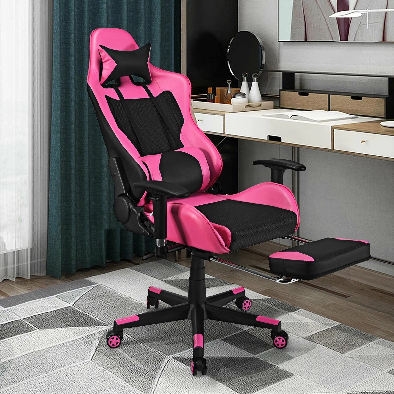 PU Leather Gaming Chair, USB Massage Lumbar Pillow, Footrest, Pink - Image 2