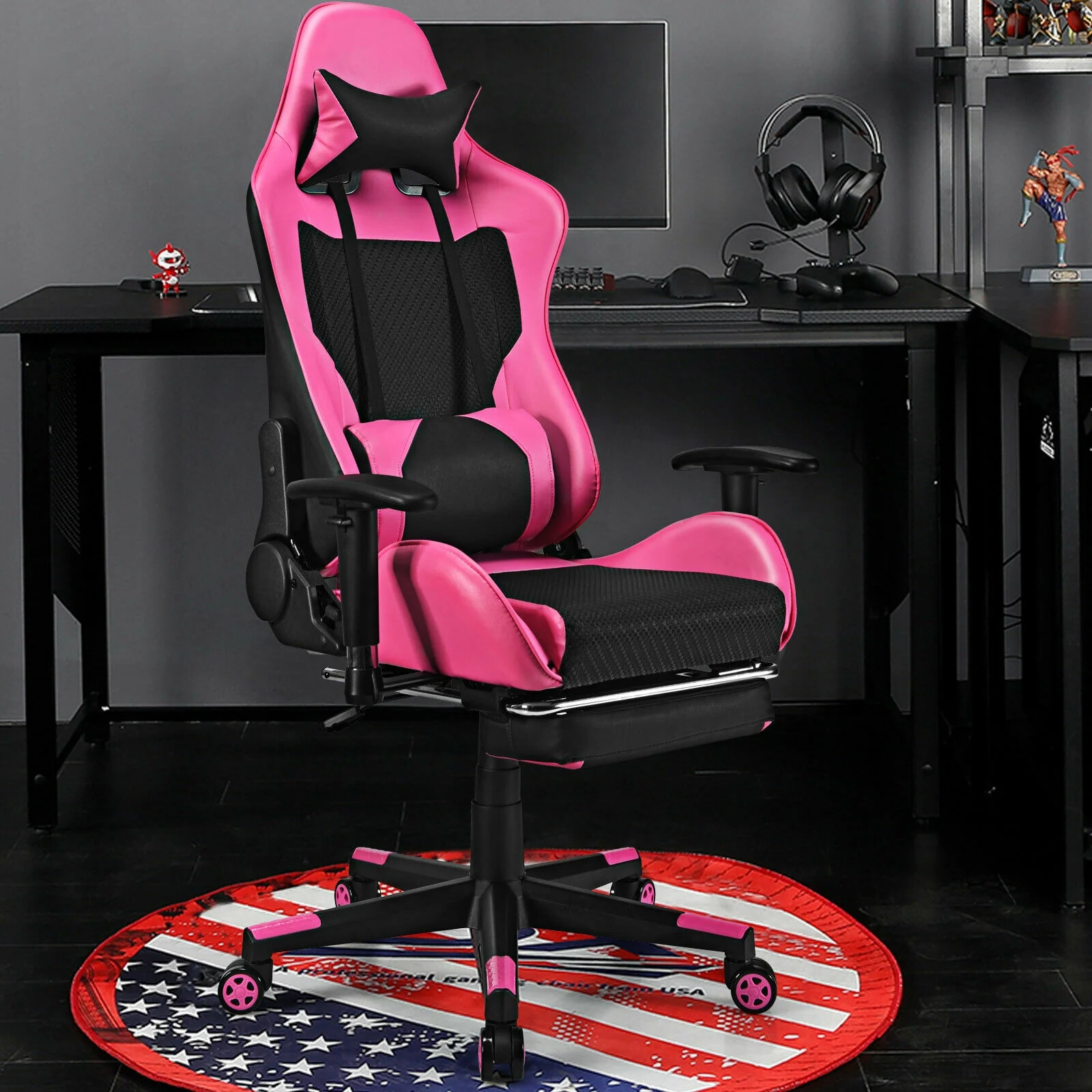 PU Leather Gaming Chair, USB Massage Lumbar Pillow, Footrest, Pink - Image 3